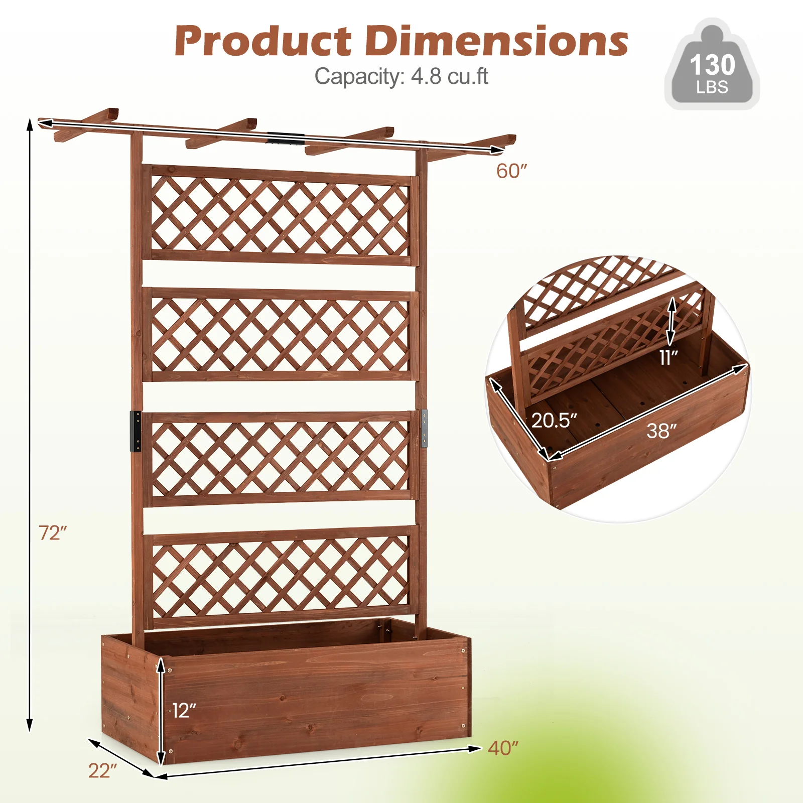 Wooden Planter Box With Lattice Trellis, Raised Garden Bed, Brown - Image 4