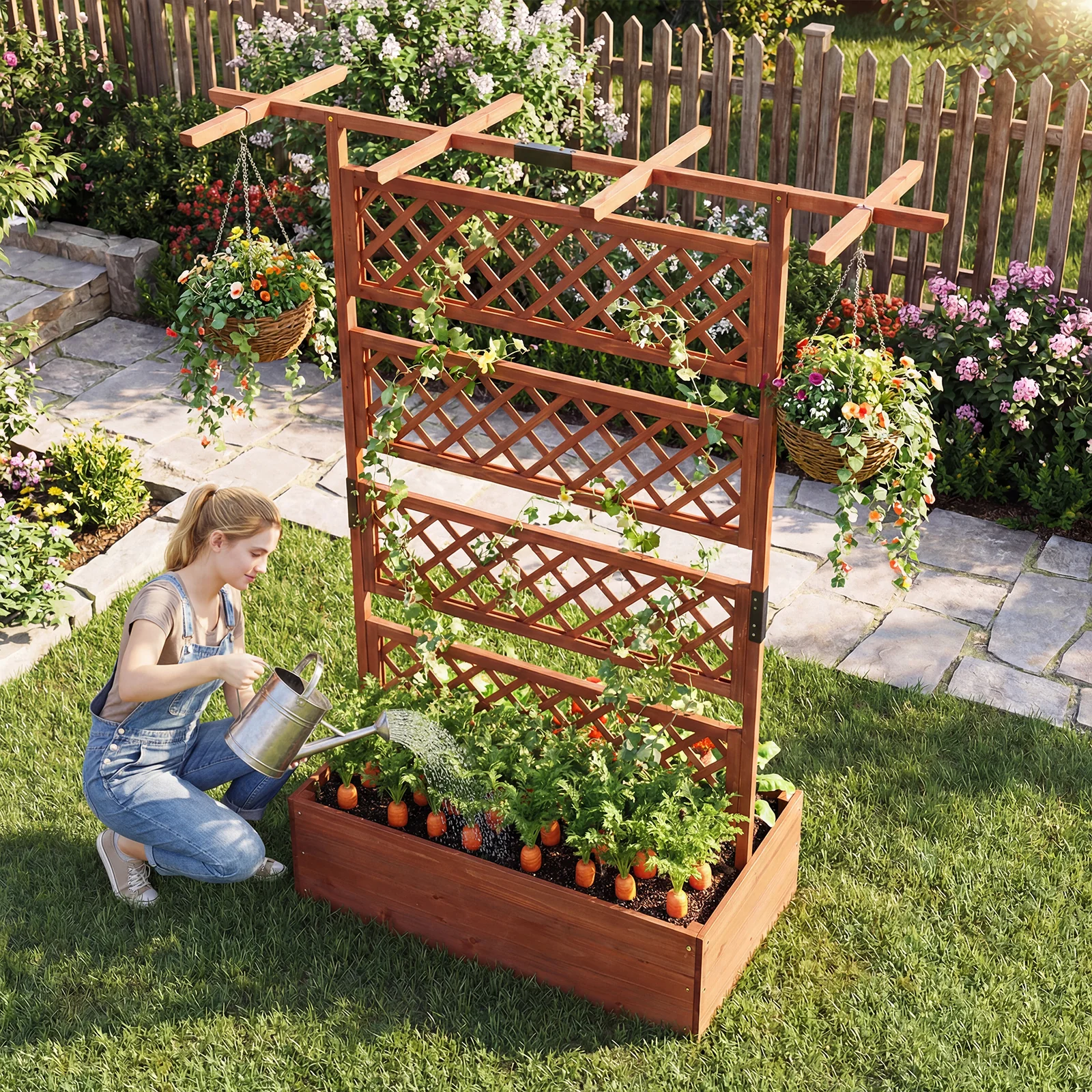 Wooden Planter Box With Lattice Trellis, Raised Garden Bed, Brown - Image 5