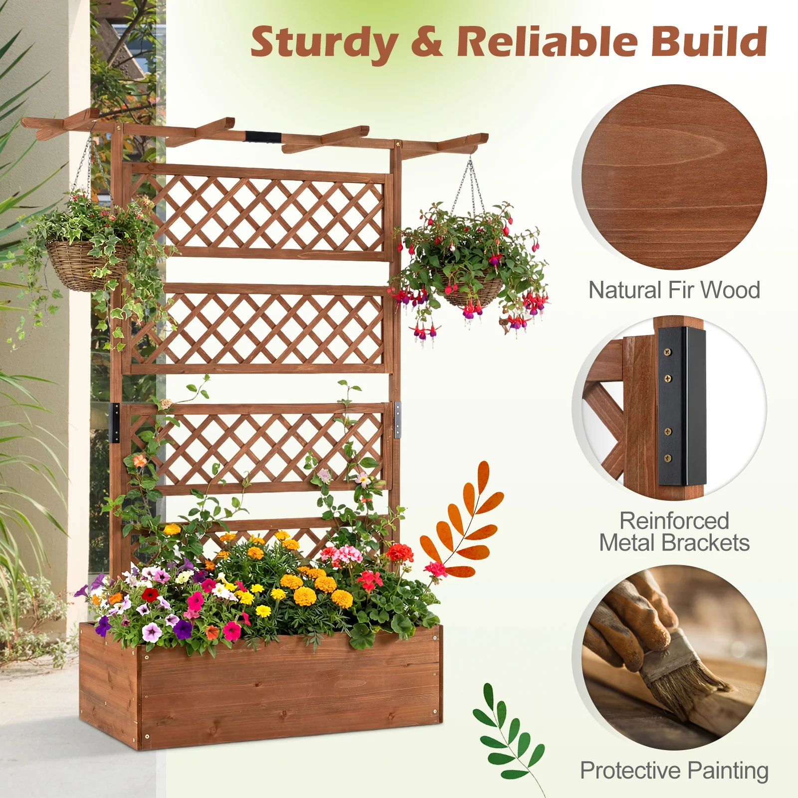 Wooden Planter Box With Lattice Trellis, Raised Garden Bed, Brown - Image 6