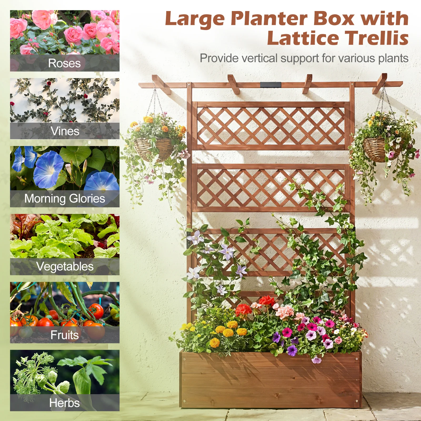 Wooden Planter Box With Lattice Trellis, Raised Garden Bed, Brown - Image 8