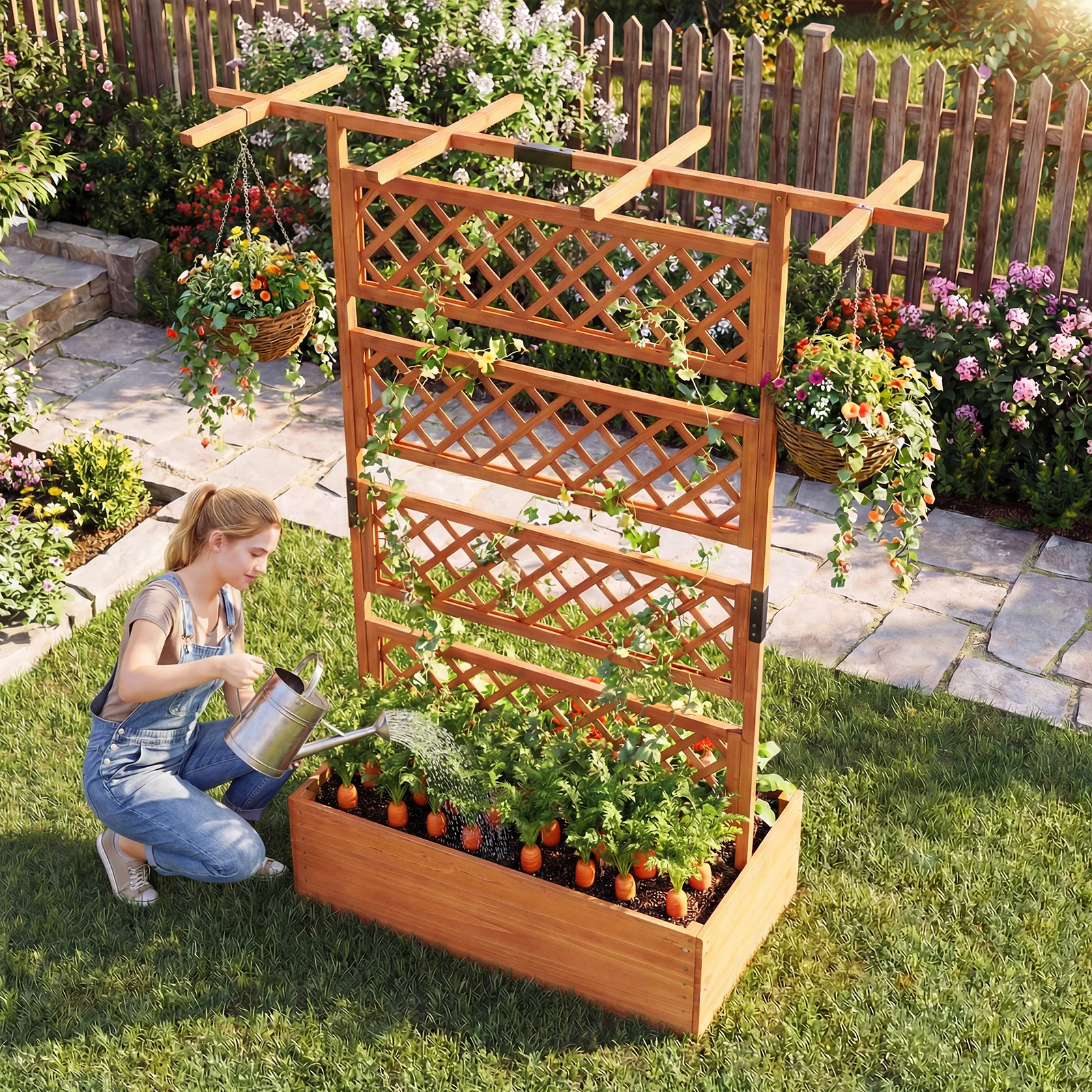Wooden Planter Box With Lattice Trellis, Raised Garden Bed, Orange - Image 5