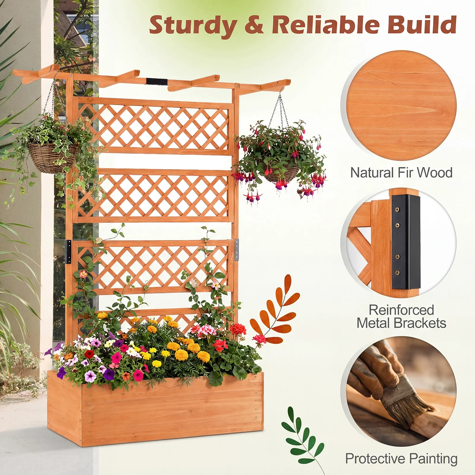 Wooden Planter Box With Lattice Trellis, Raised Garden Bed, Orange - Image 6