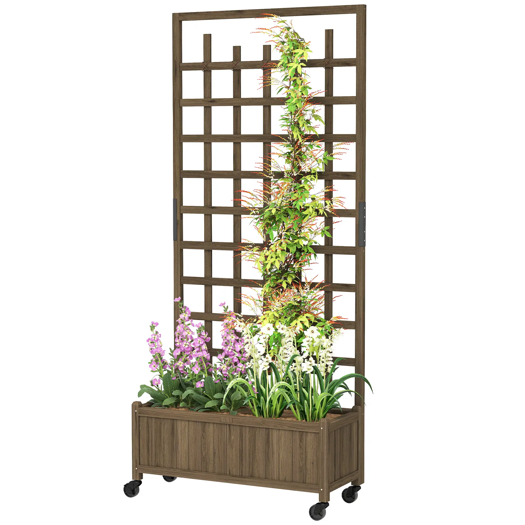 Wooden Planter With Trellis, Raised Garden Bed With Wheels, Brown