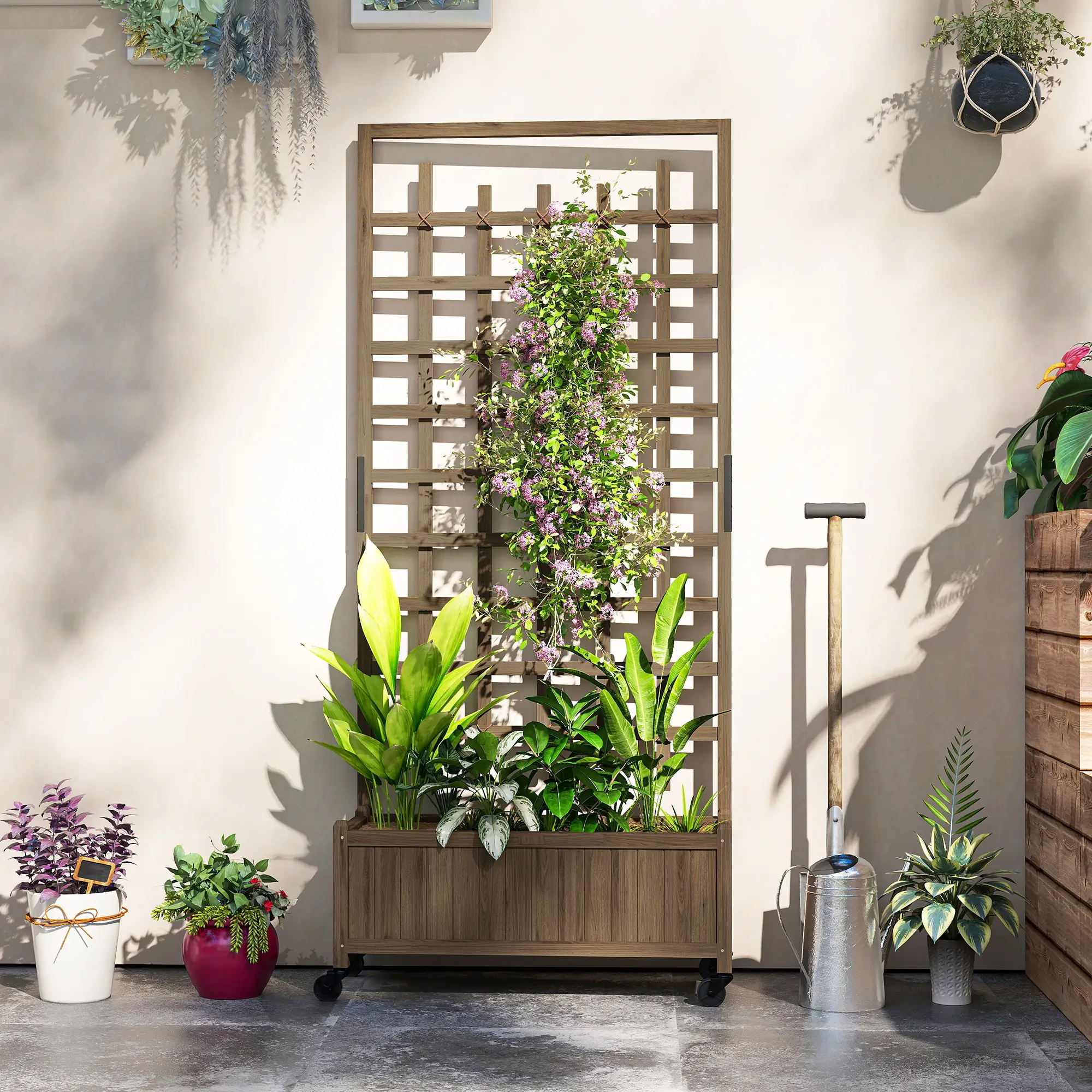 Wooden Planter With Trellis, Raised Garden Bed With Wheels, Brown - Image 10