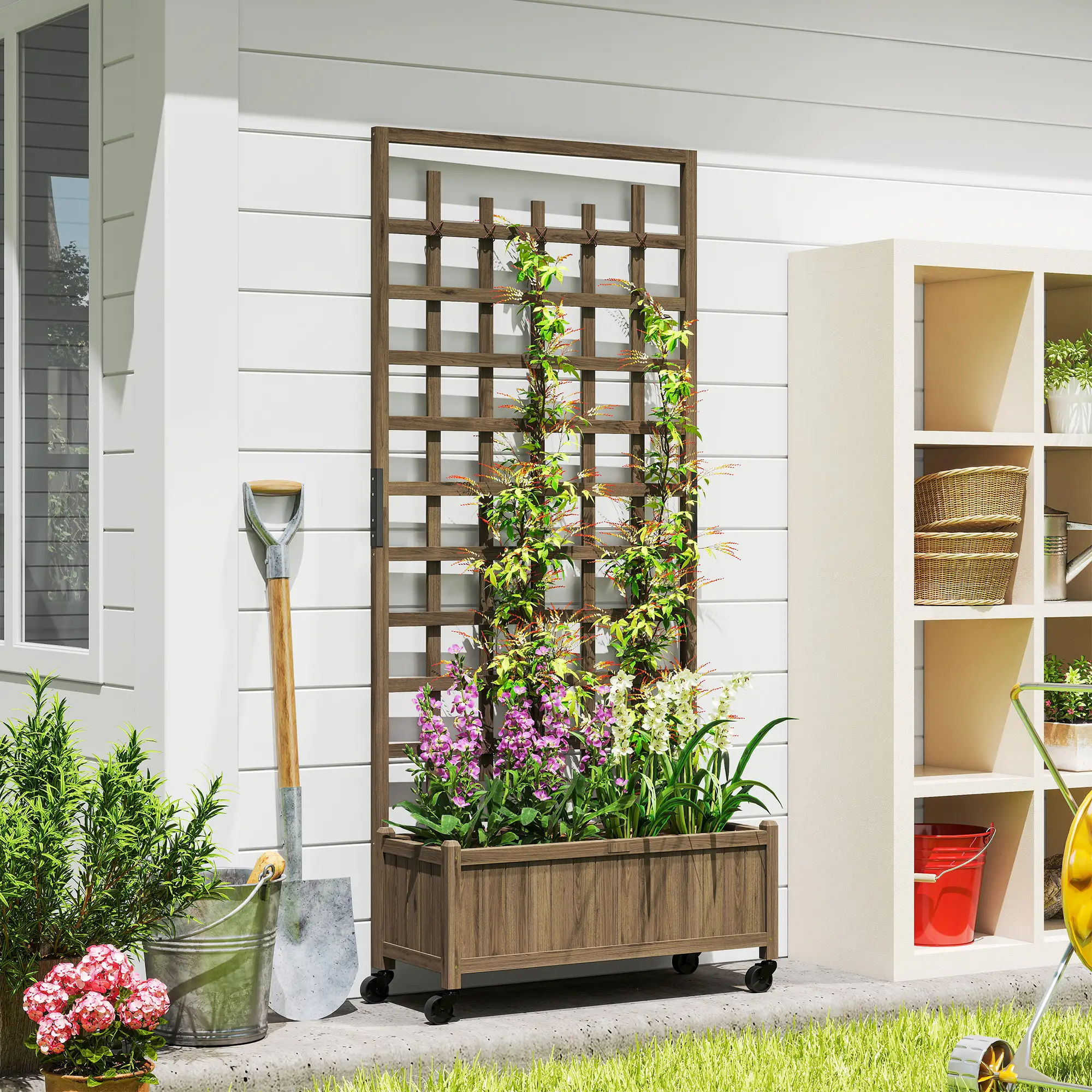 Wooden Planter With Trellis, Raised Garden Bed With Wheels, Brown - Image 2