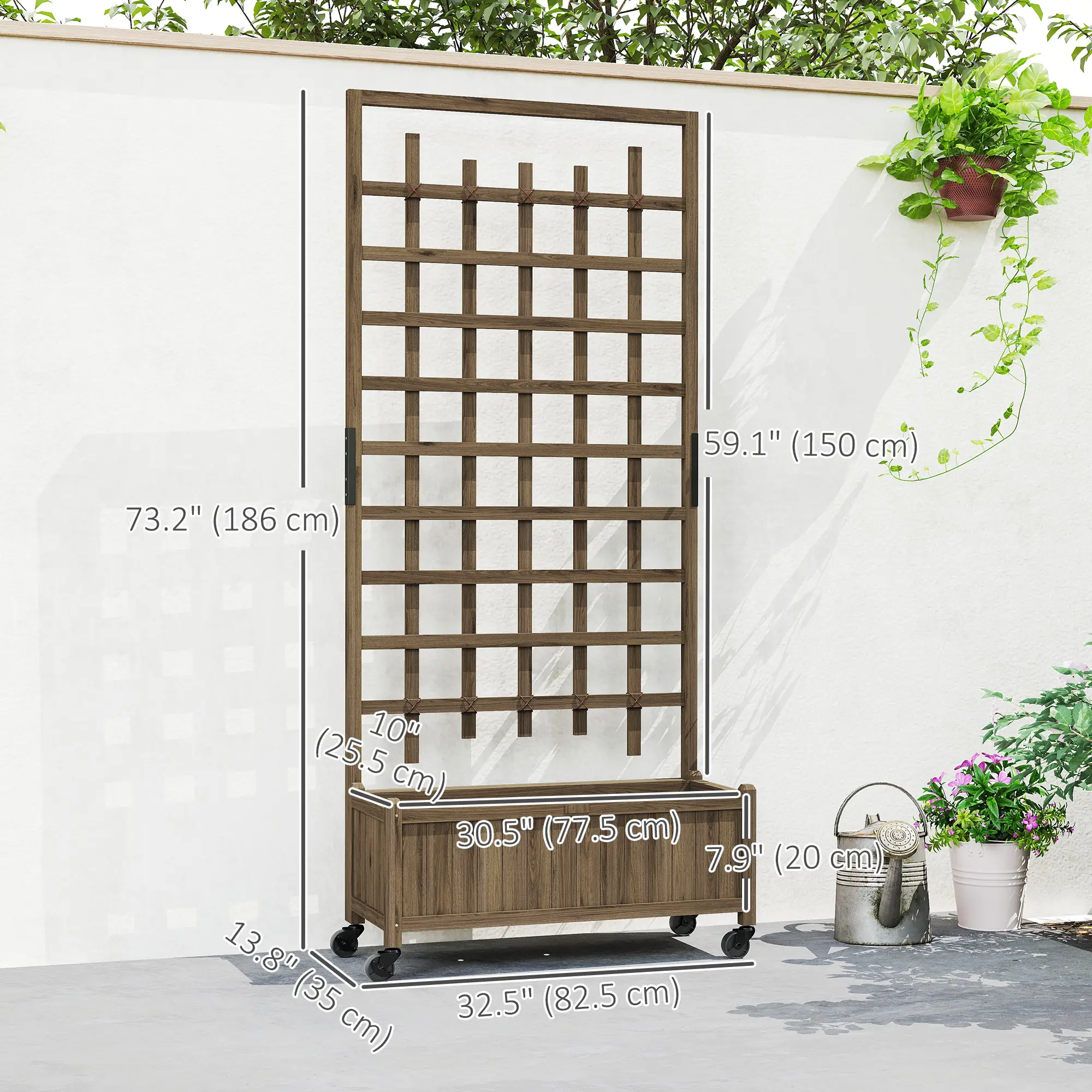 Wooden Planter With Trellis, Raised Garden Bed With Wheels, Brown - Image 3