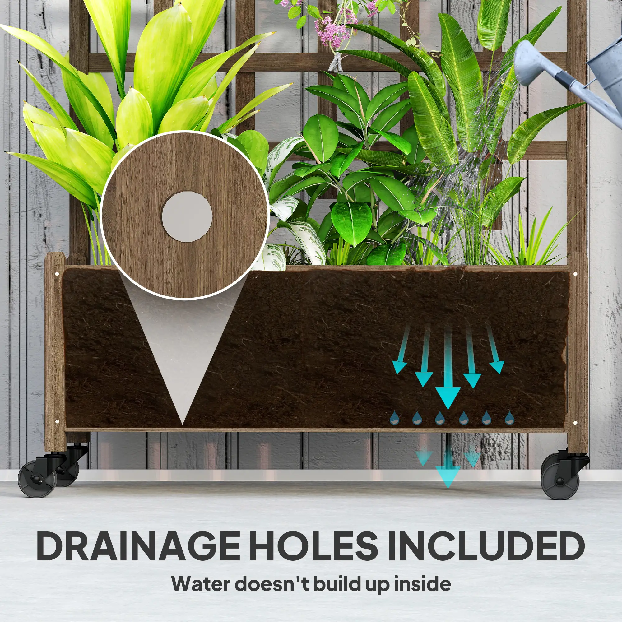 Wooden Planter With Trellis, Raised Garden Bed With Wheels, Brown - Image 5
