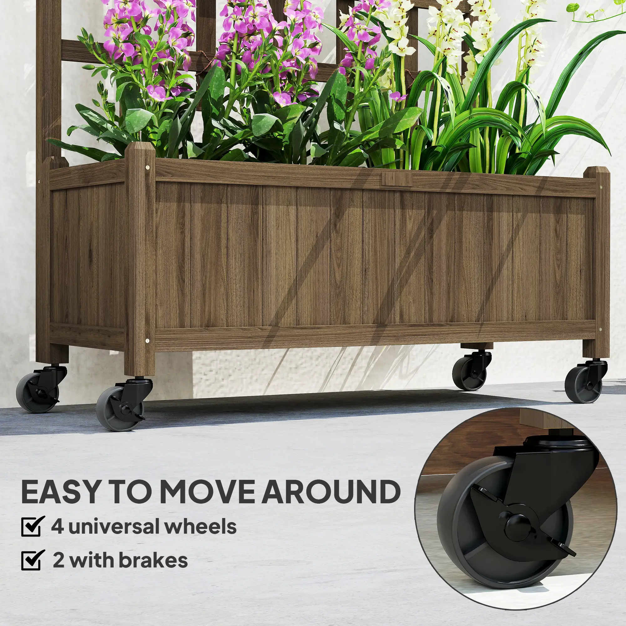 Wooden Planter With Trellis, Raised Garden Bed With Wheels, Brown - Image 6