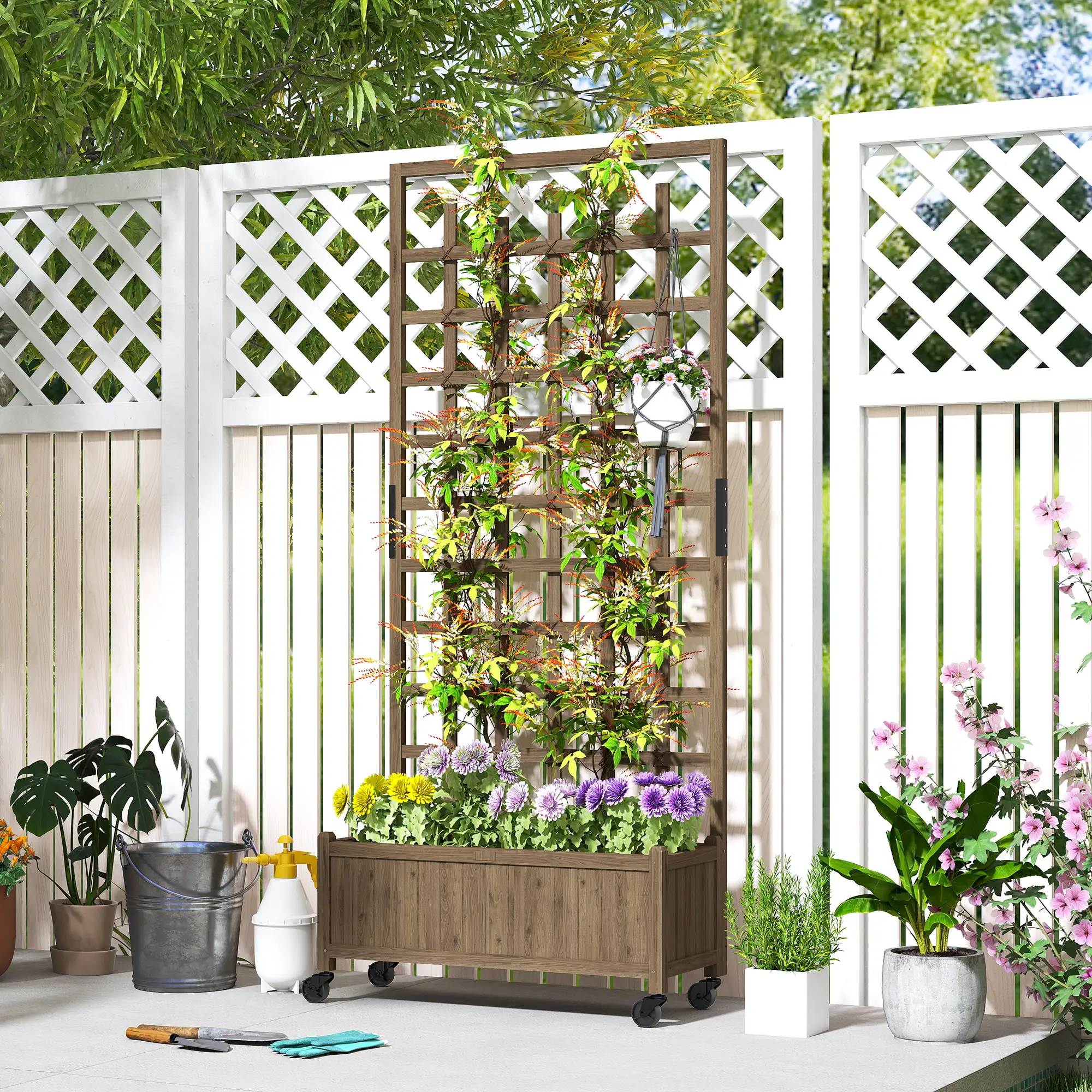 Wooden Planter With Trellis, Raised Garden Bed With Wheels, Brown - Image 7