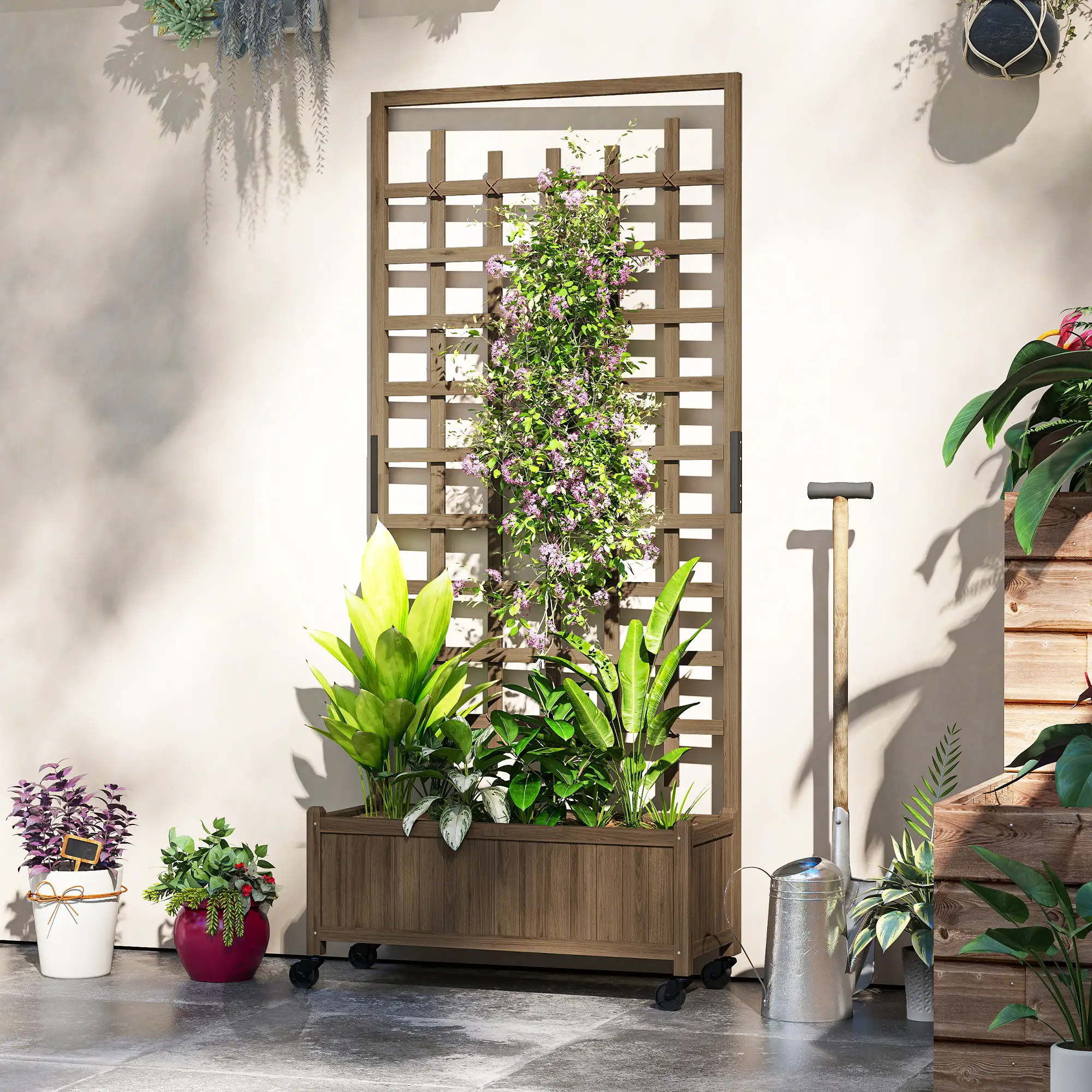 Wooden Planter With Trellis, Raised Garden Bed With Wheels, Brown - Image 8