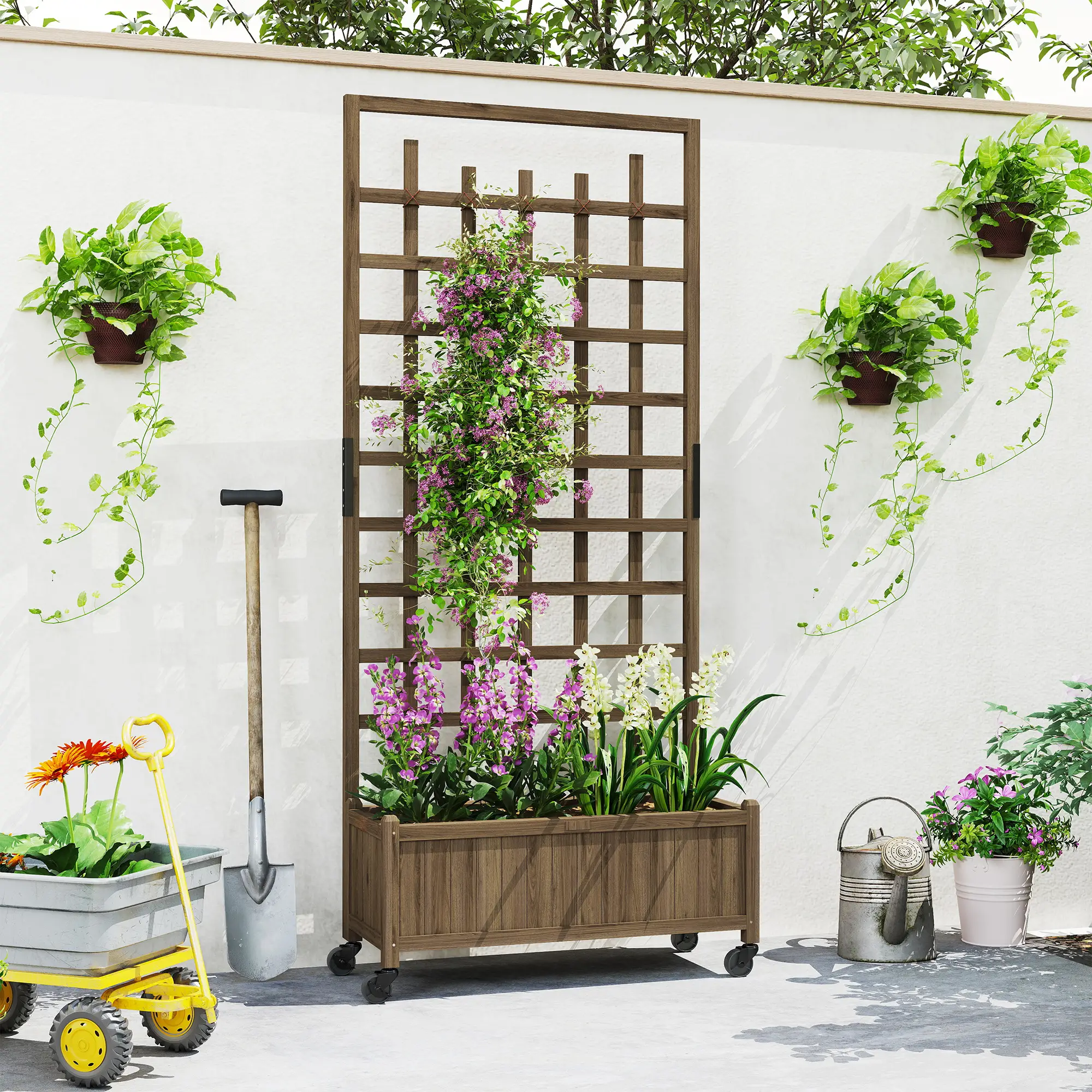 Wooden Planter With Trellis, Raised Garden Bed With Wheels, Brown - Image 9