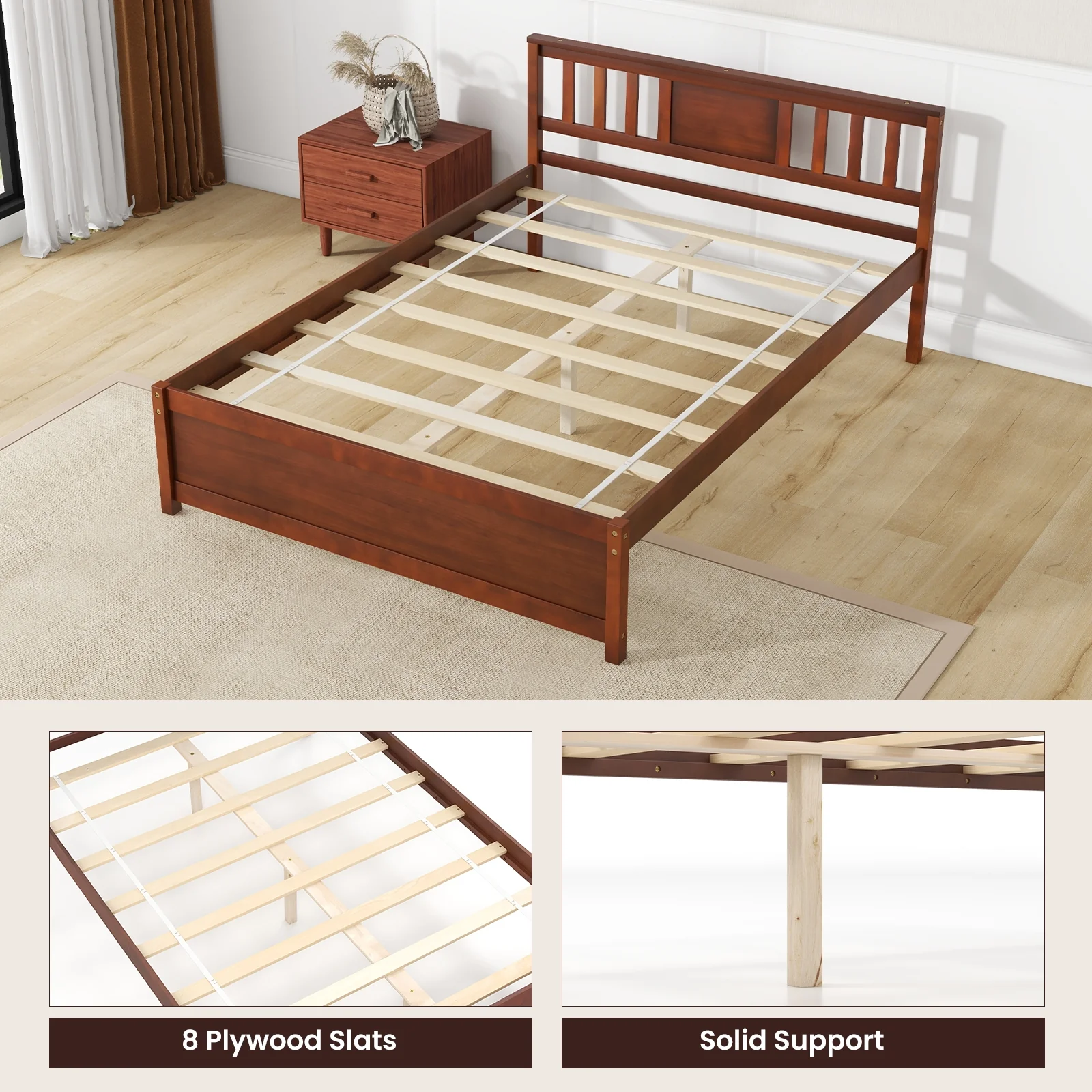 Wooden Platform Bed With Headboard, Full Size, Walnut - Image 10