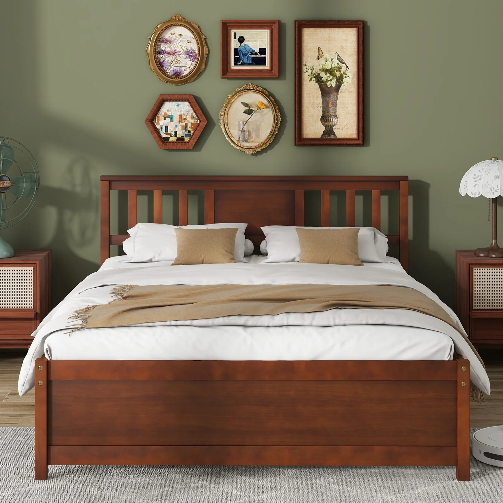 Wooden Platform Bed With Headboard, Full Size, Walnut - Image 2