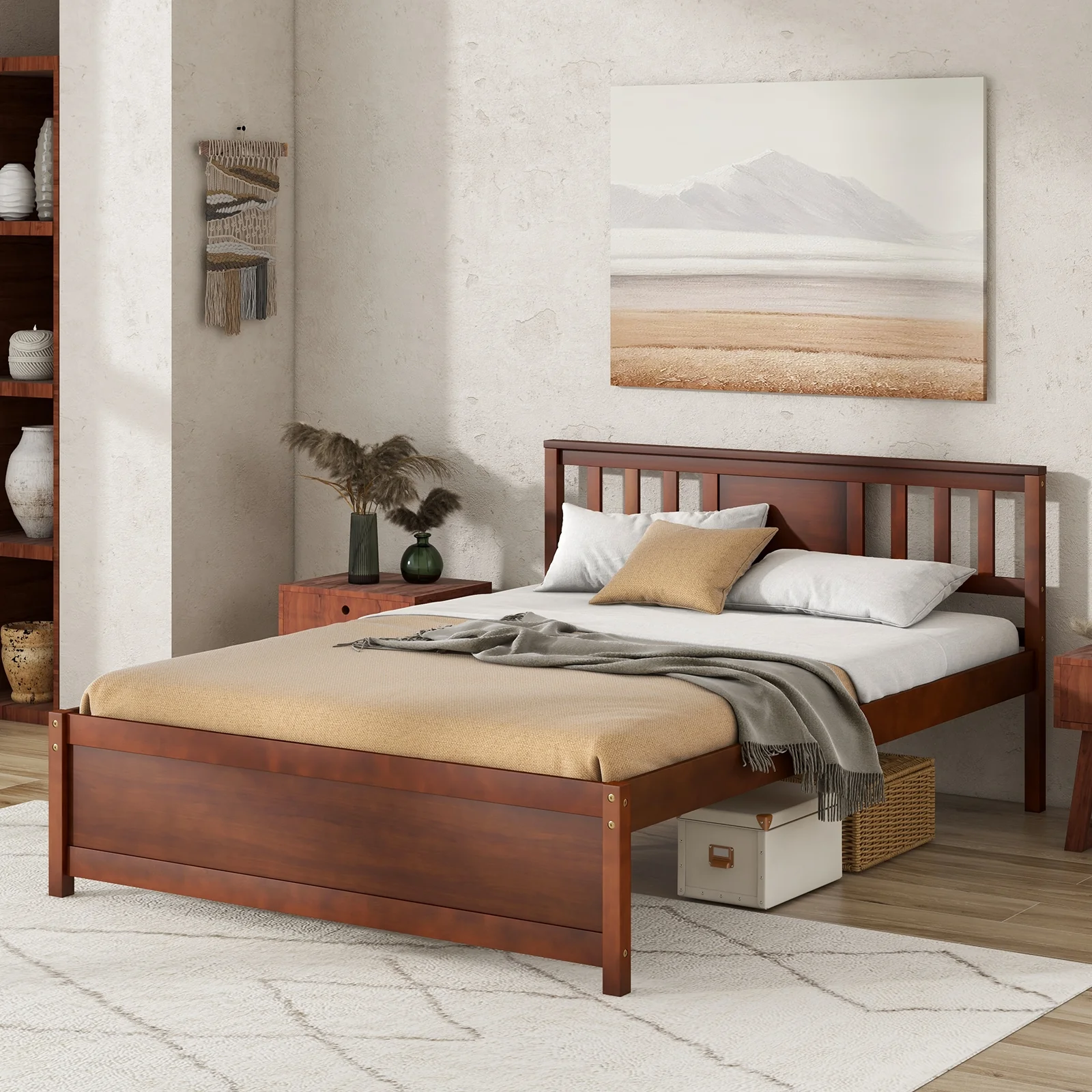 Wooden Platform Bed With Headboard, Full Size, Walnut - Image 3