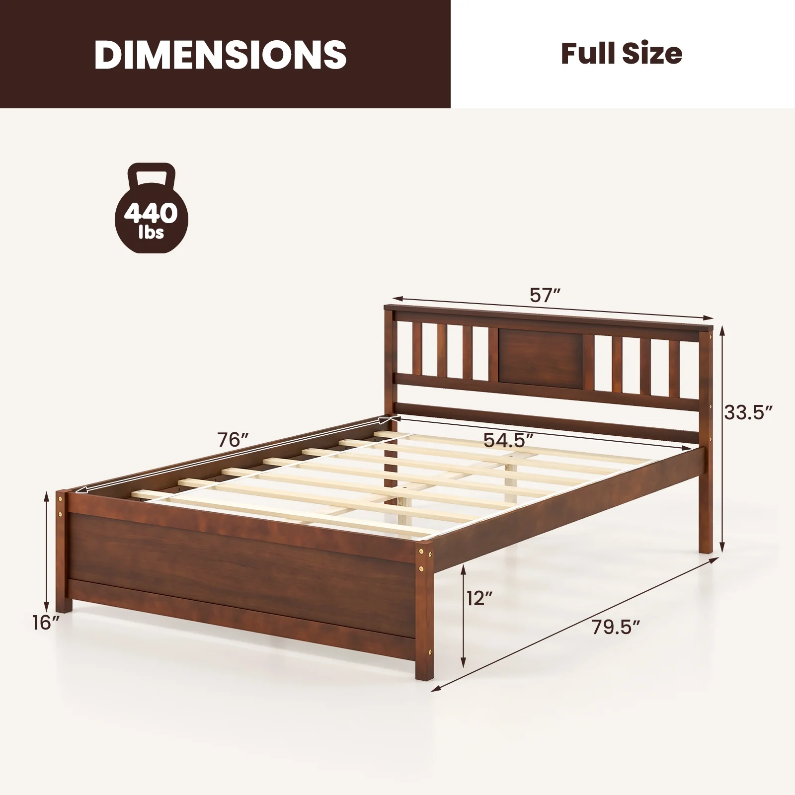Wooden Platform Bed With Headboard, Full Size, Walnut - Image 5