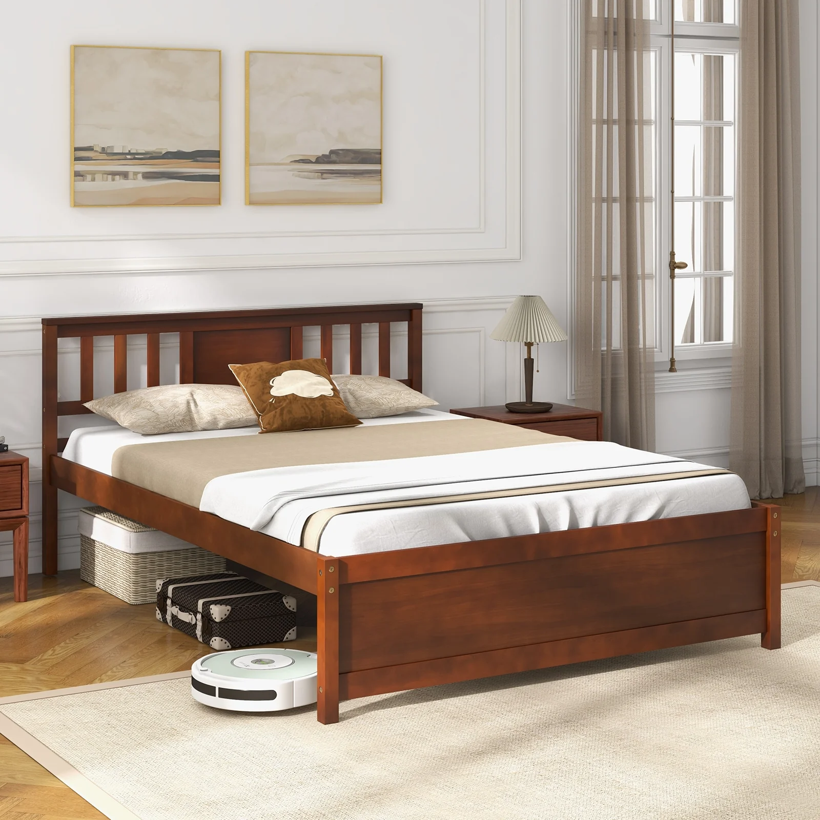 Wooden Platform Bed With Headboard, Full Size, Walnut - Image 6