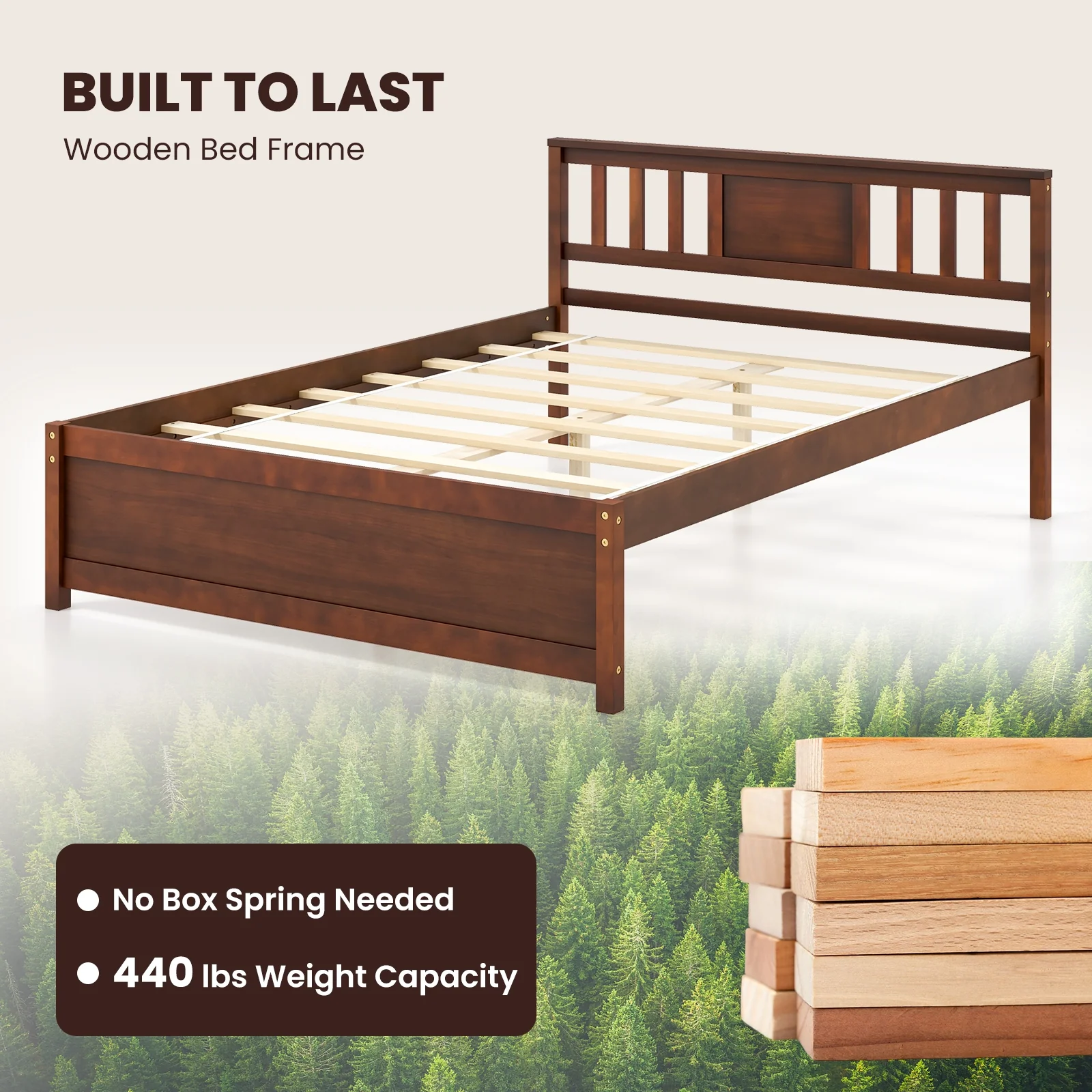 Wooden Platform Bed With Headboard, Full Size, Walnut - Image 7