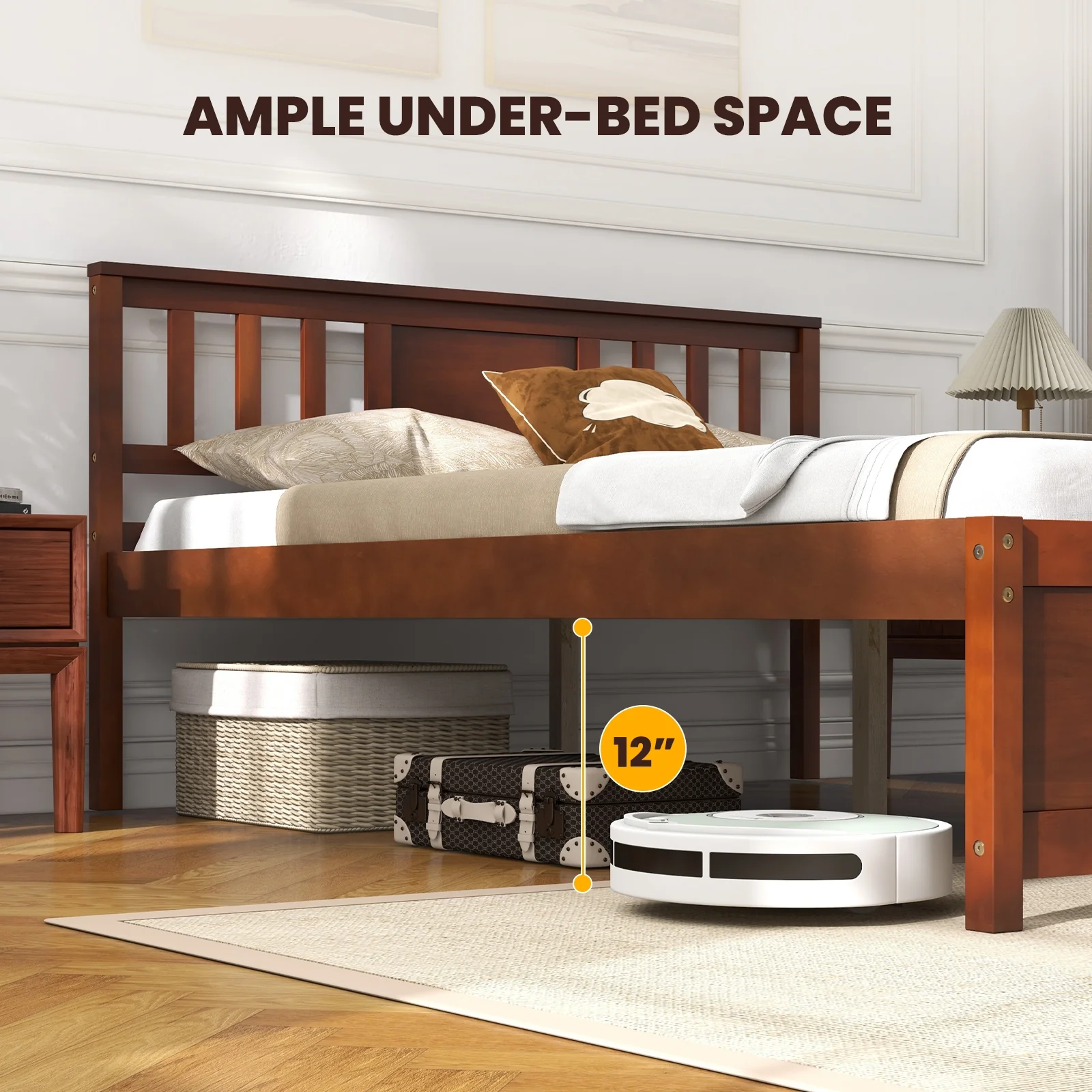 Wooden Platform Bed With Headboard, Full Size, Walnut - Image 8