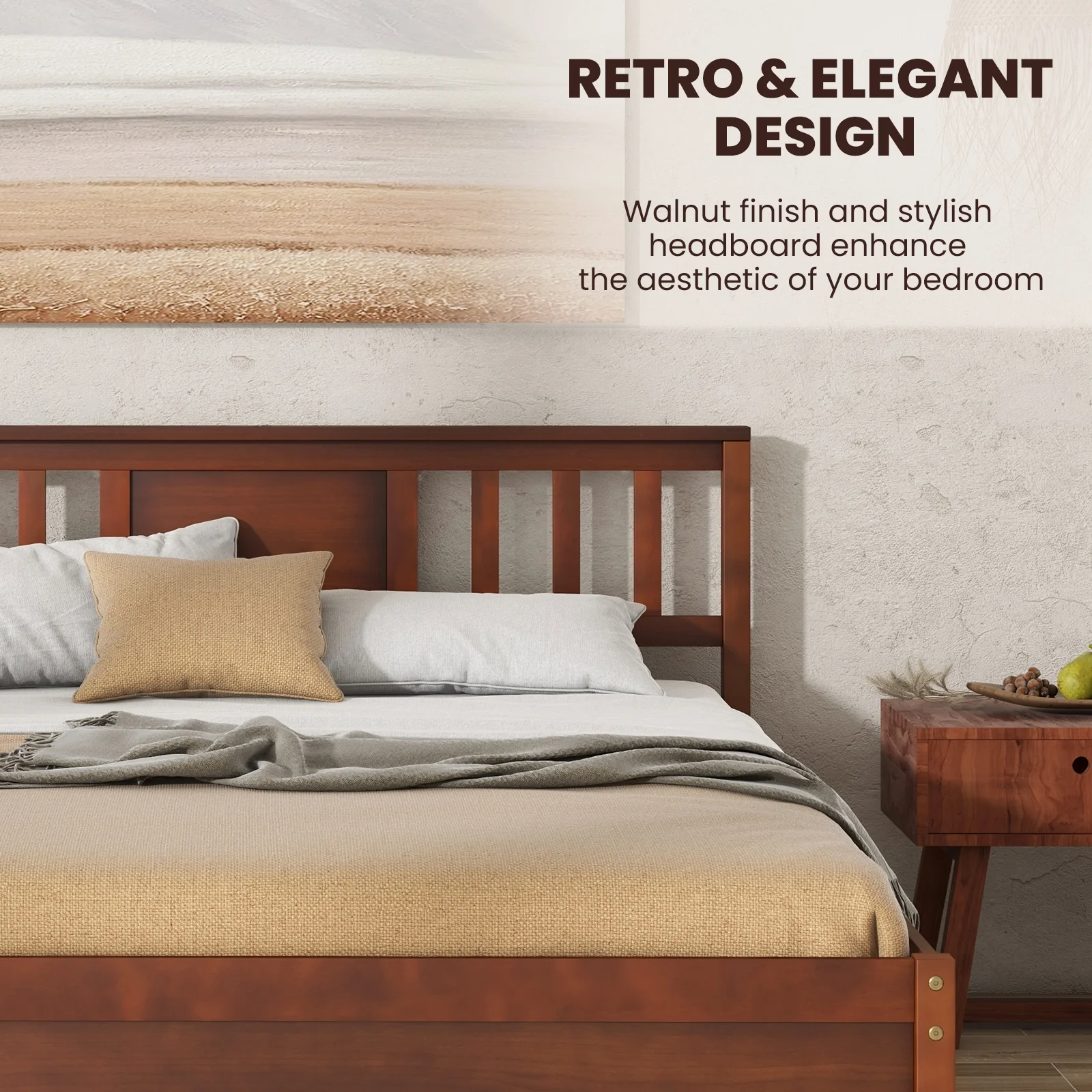 Wooden Platform Bed With Headboard, Full Size, Walnut - Image 9