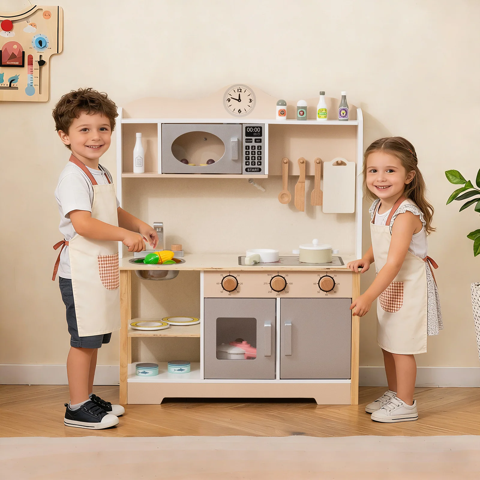 Wooden Play Kitchen Cooking Toy Playset for Kids, White - Image 2