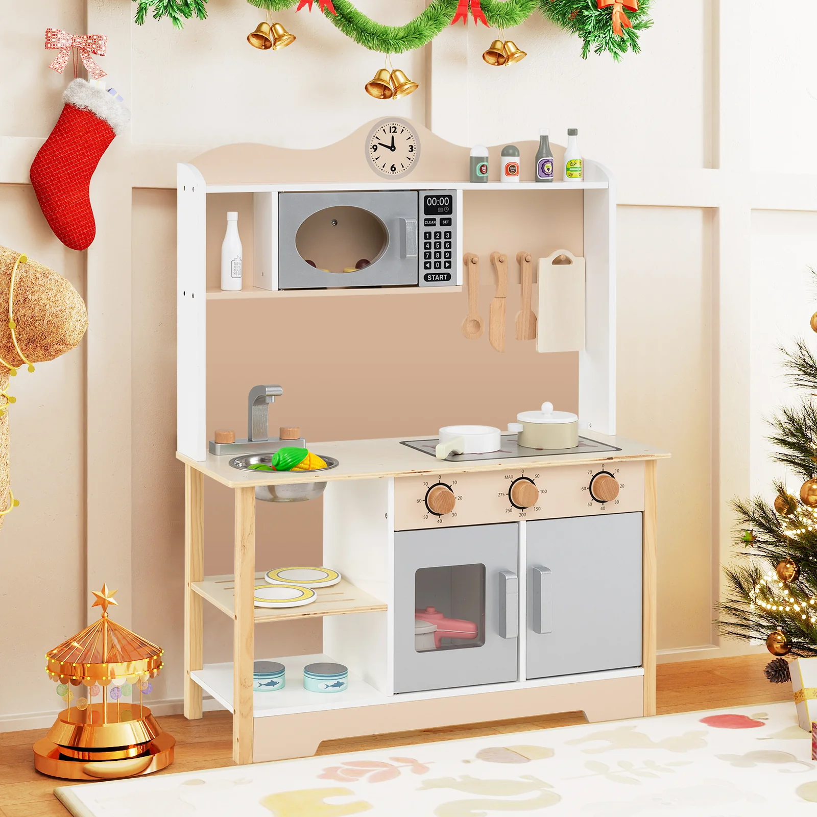 Wooden Play Kitchen Cooking Toy Playset for Kids, White - Image 3