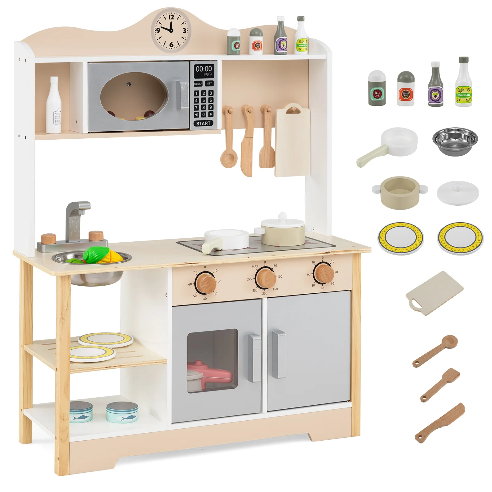 Wooden Play Kitchen Cooking Toy Playset for Kids, White - Image 4