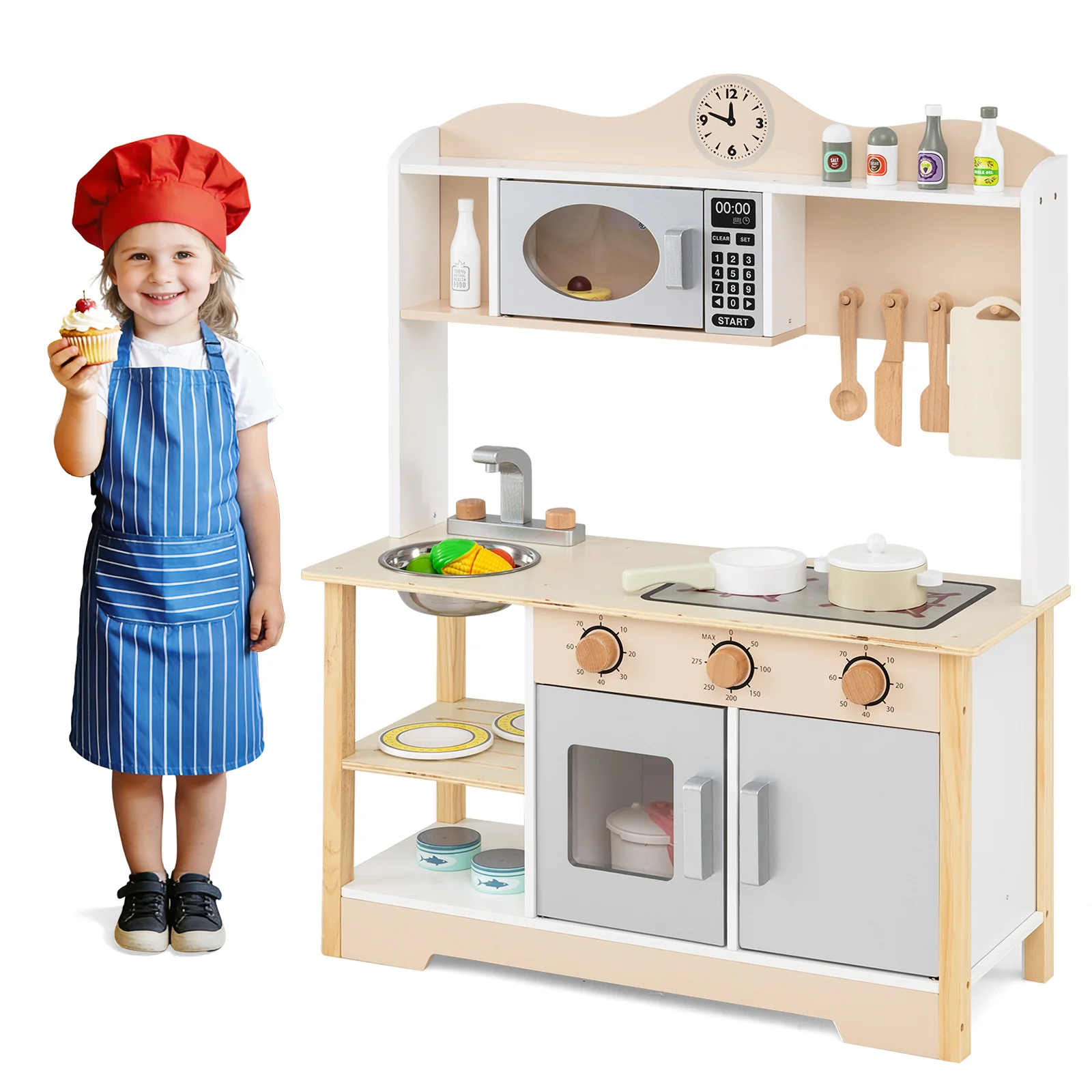 Wooden Play Kitchen Cooking Toy Playset for Kids, White - Image 5