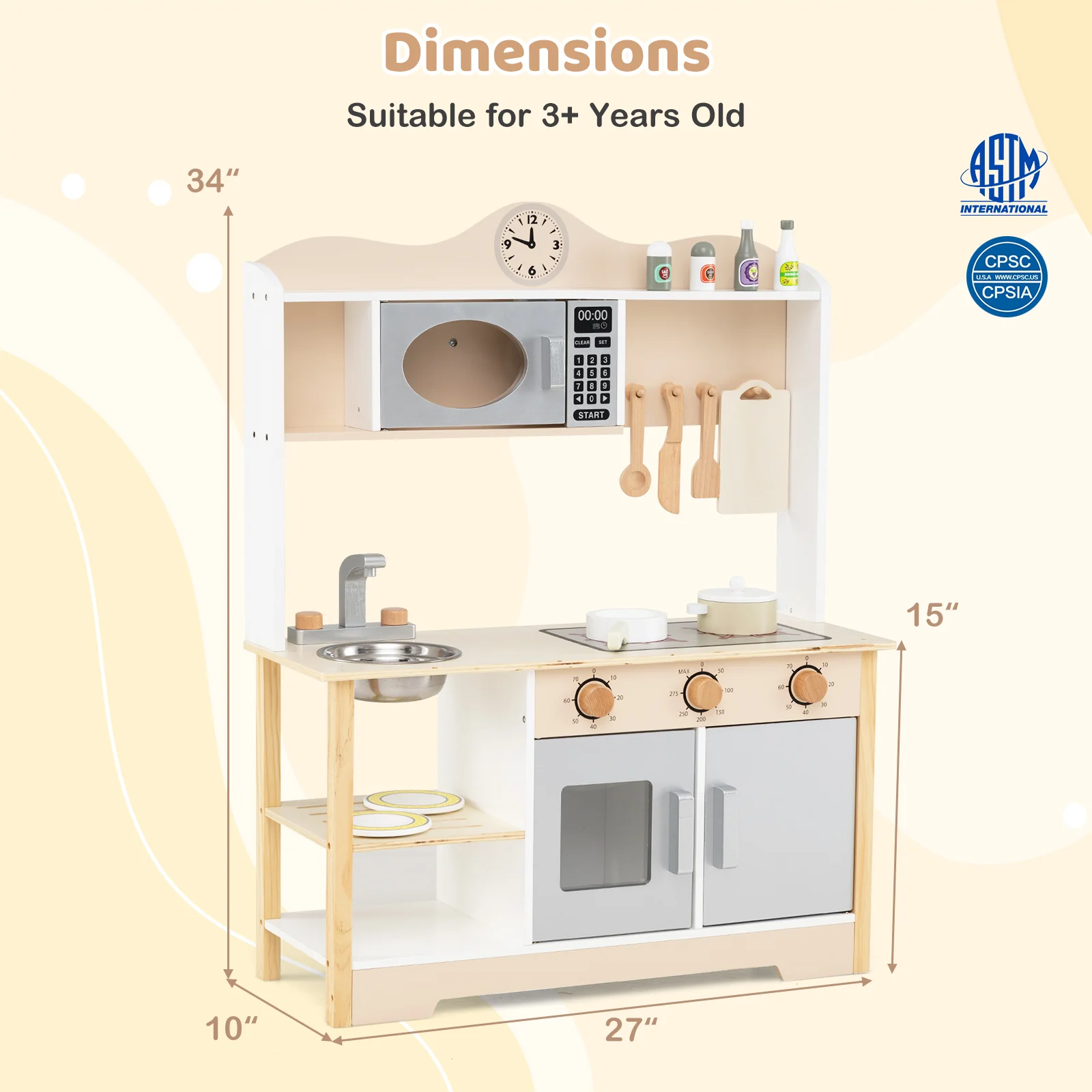 Wooden Play Kitchen Cooking Toy Playset for Kids, White - Image 6