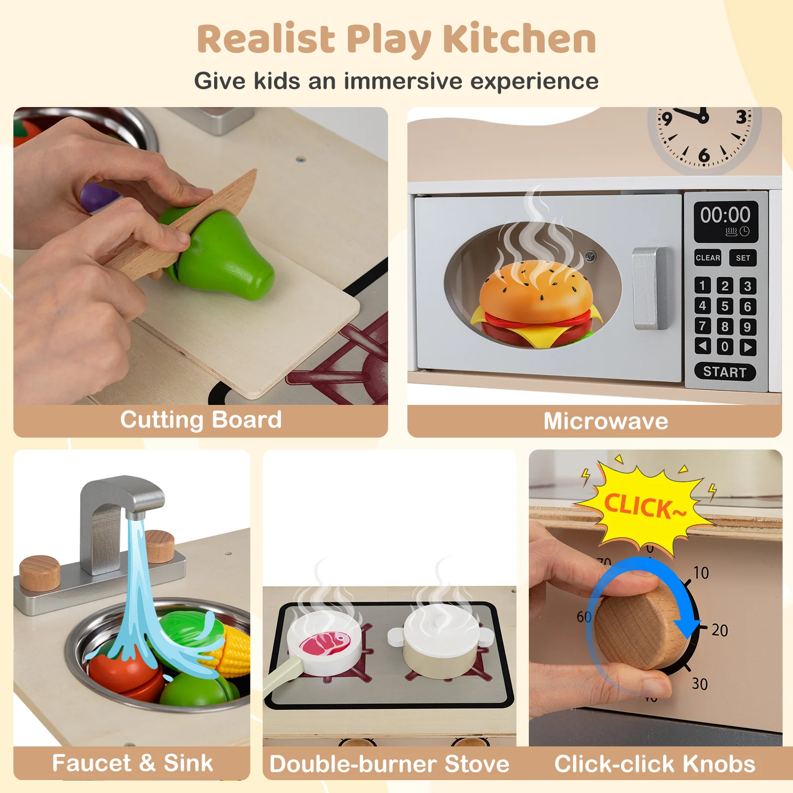 Wooden Play Kitchen Cooking Toy Playset for Kids, White - Image 7