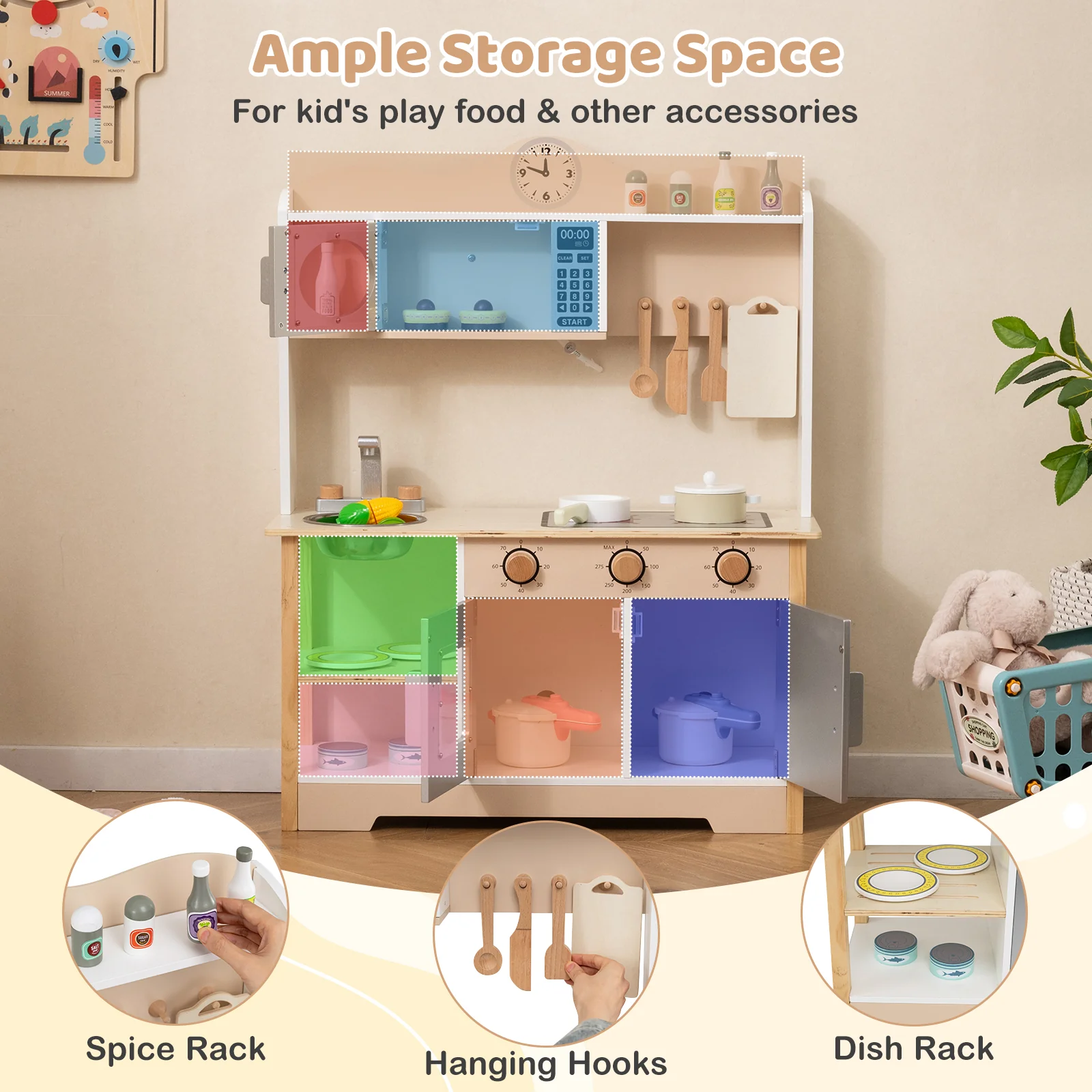 Wooden Play Kitchen Cooking Toy Playset for Kids, White - Image 8