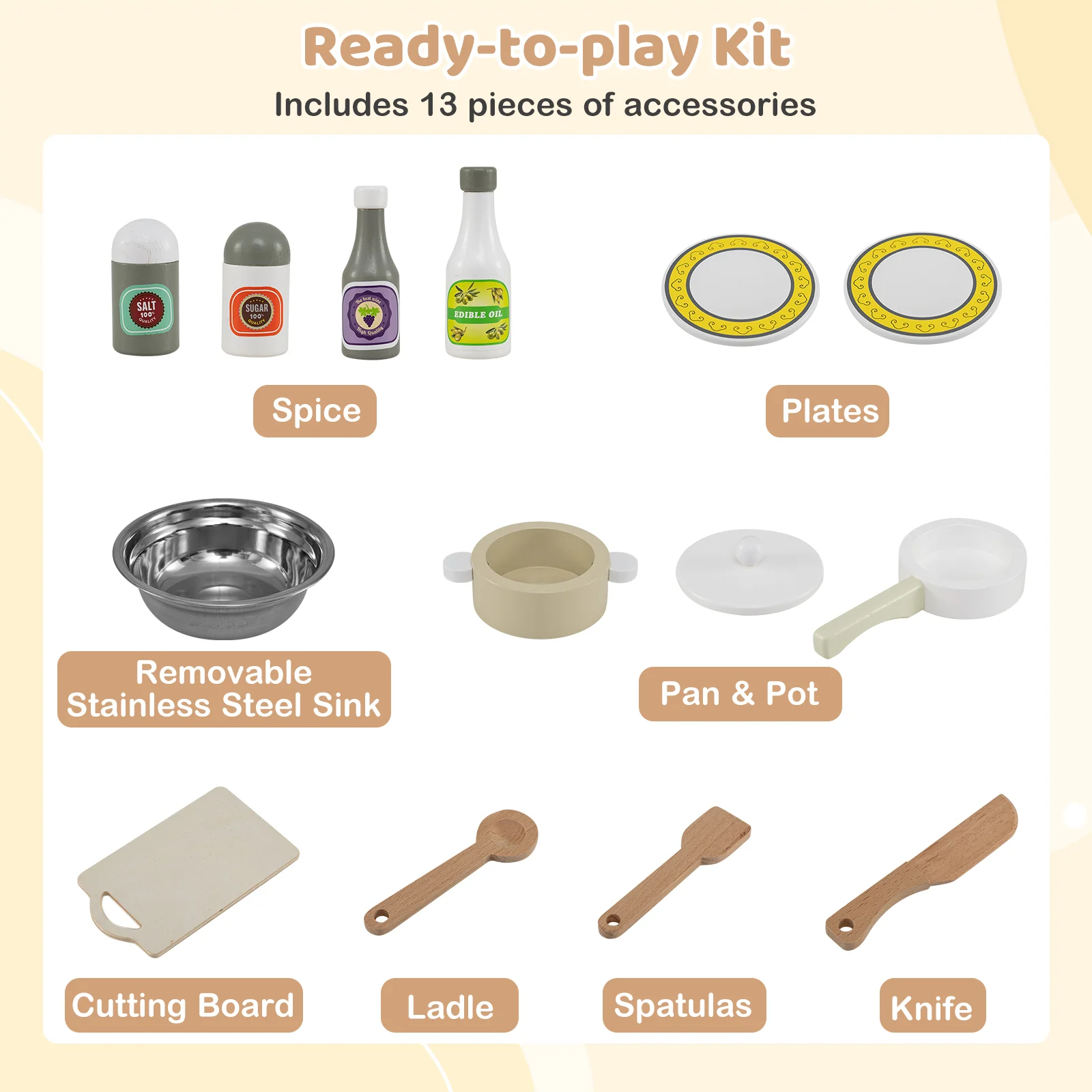 Wooden Play Kitchen Cooking Toy Playset for Kids, White - Image 9