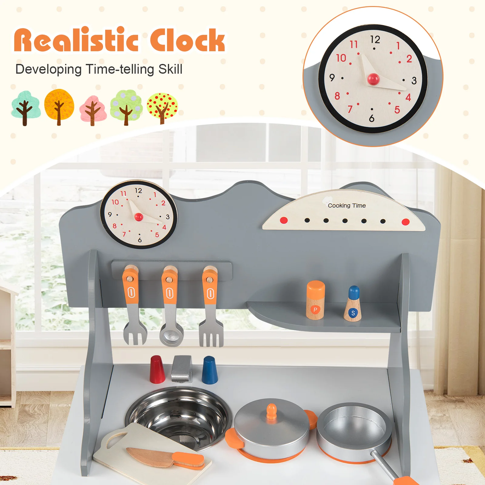 Wooden Play Kitchen for Kids Pretend Play Toy Kitchen Set with Clock Gift for Boys and Girls 3 +, Gray - Image 10