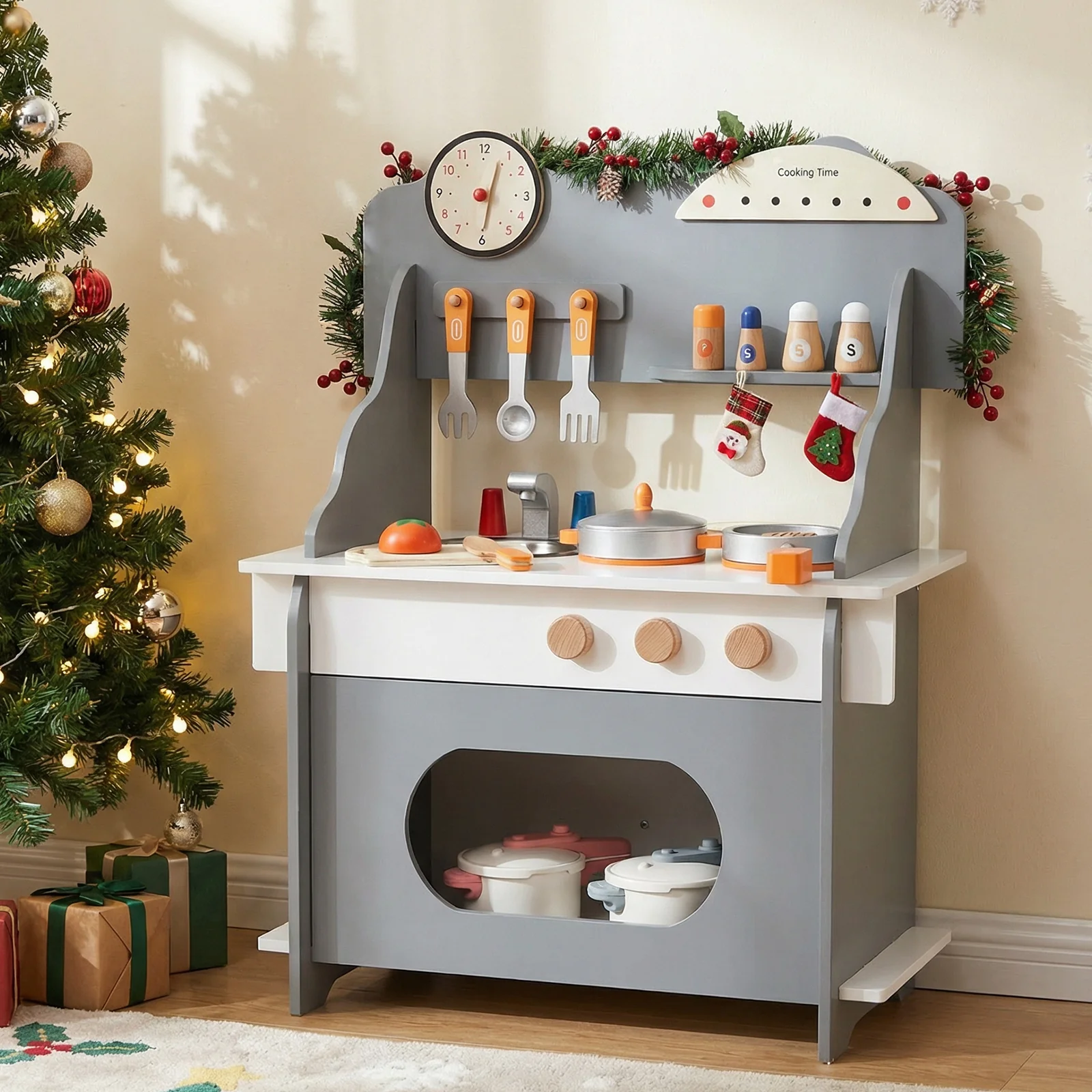 Wooden Play Kitchen for Kids Pretend Play Toy Kitchen Set with Clock Gift for Boys and Girls 3 +, Gray - Image 2