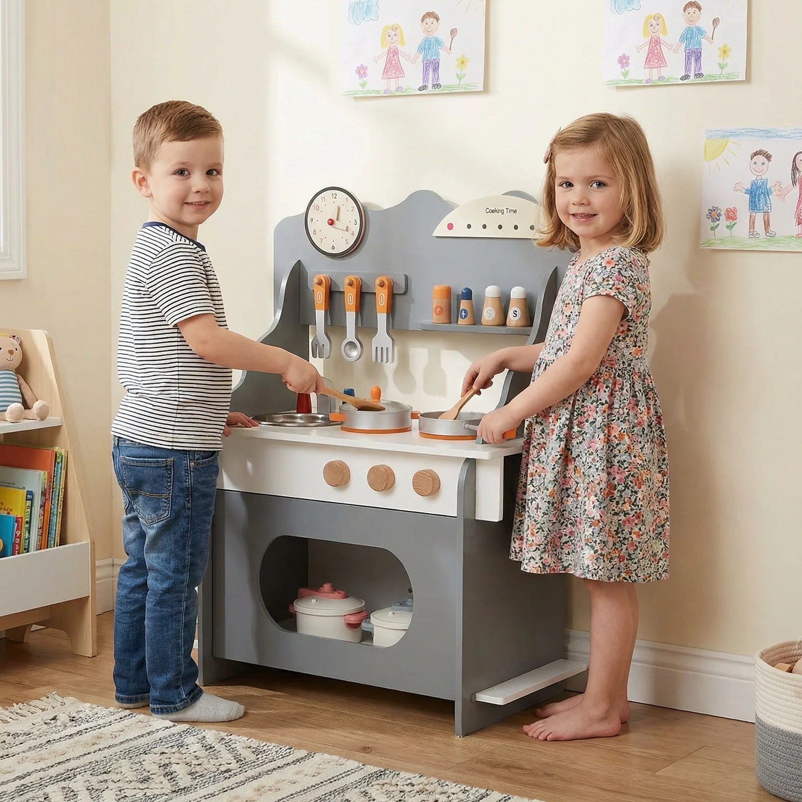 Wooden Play Kitchen for Kids Pretend Play Toy Kitchen Set with Clock Gift for Boys and Girls 3 +, Gray - Image 3