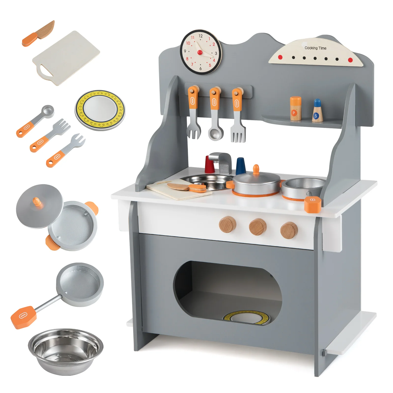 Wooden Play Kitchen for Kids Pretend Play Toy Kitchen Set with Clock Gift for Boys and Girls 3 +, Gray - Image 4