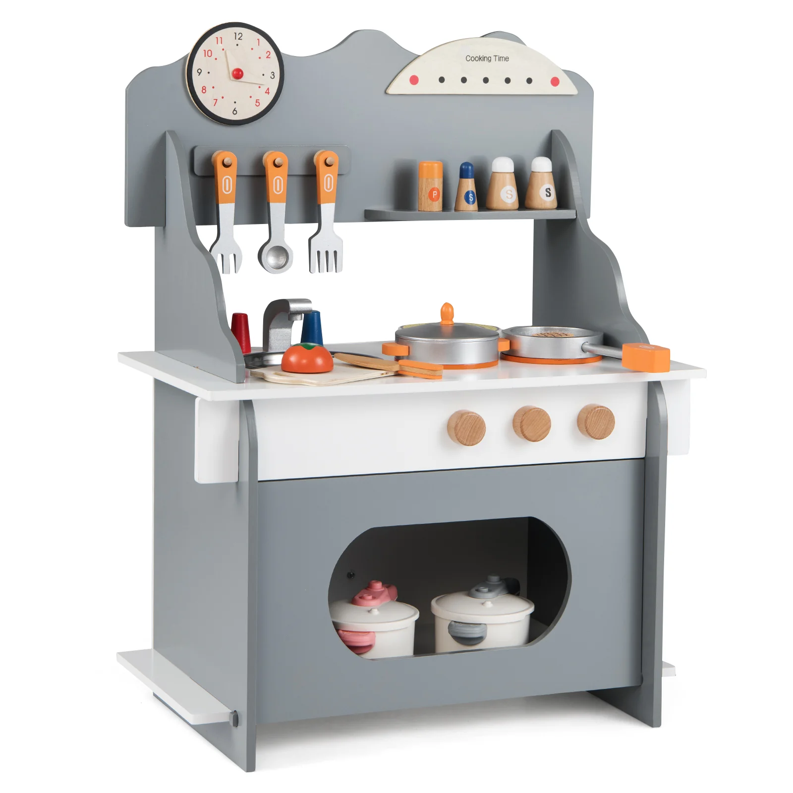 Wooden Play Kitchen for Kids Pretend Play Toy Kitchen Set with Clock Gift for Boys and Girls 3 +, Gray - Image 5
