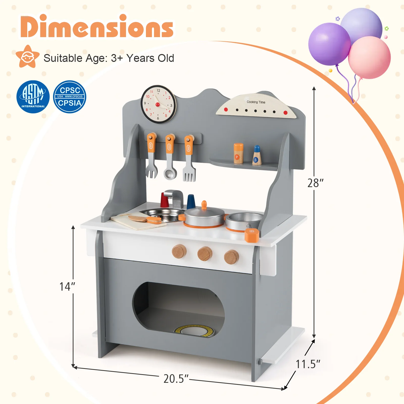 Wooden Play Kitchen for Kids Pretend Play Toy Kitchen Set with Clock Gift for Boys and Girls 3 +, Gray - Image 6
