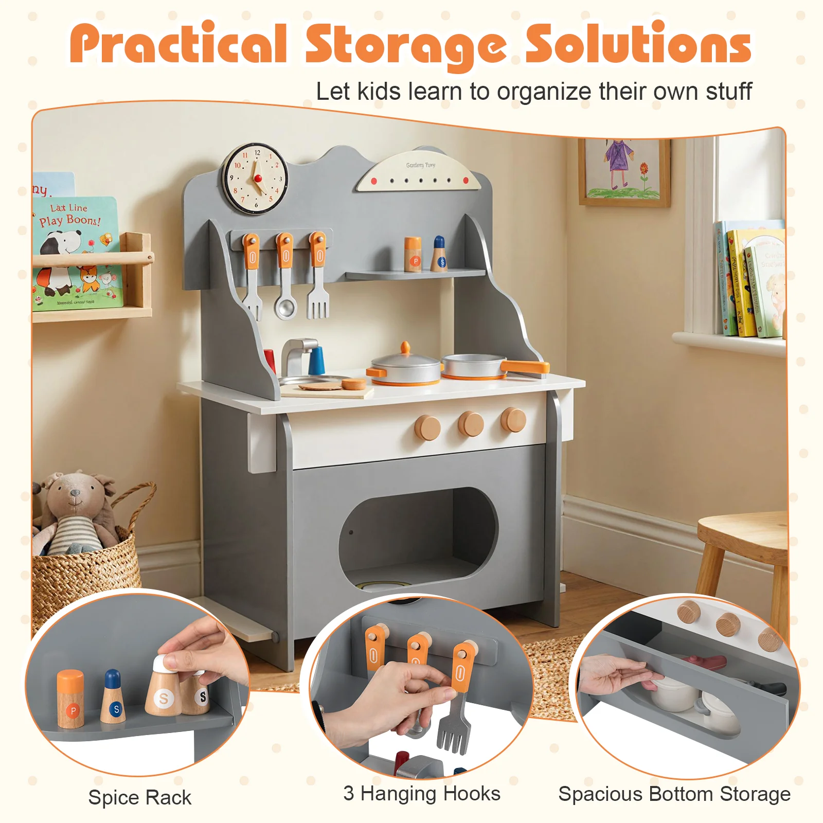 Wooden Play Kitchen for Kids Pretend Play Toy Kitchen Set with Clock Gift for Boys and Girls 3 +, Gray - Image 8
