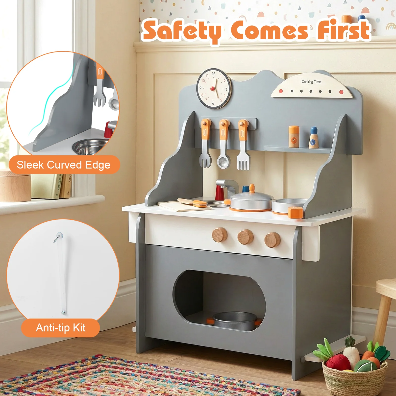 Wooden Play Kitchen for Kids Pretend Play Toy Kitchen Set with Clock Gift for Boys and Girls 3 +, Gray - Image 9