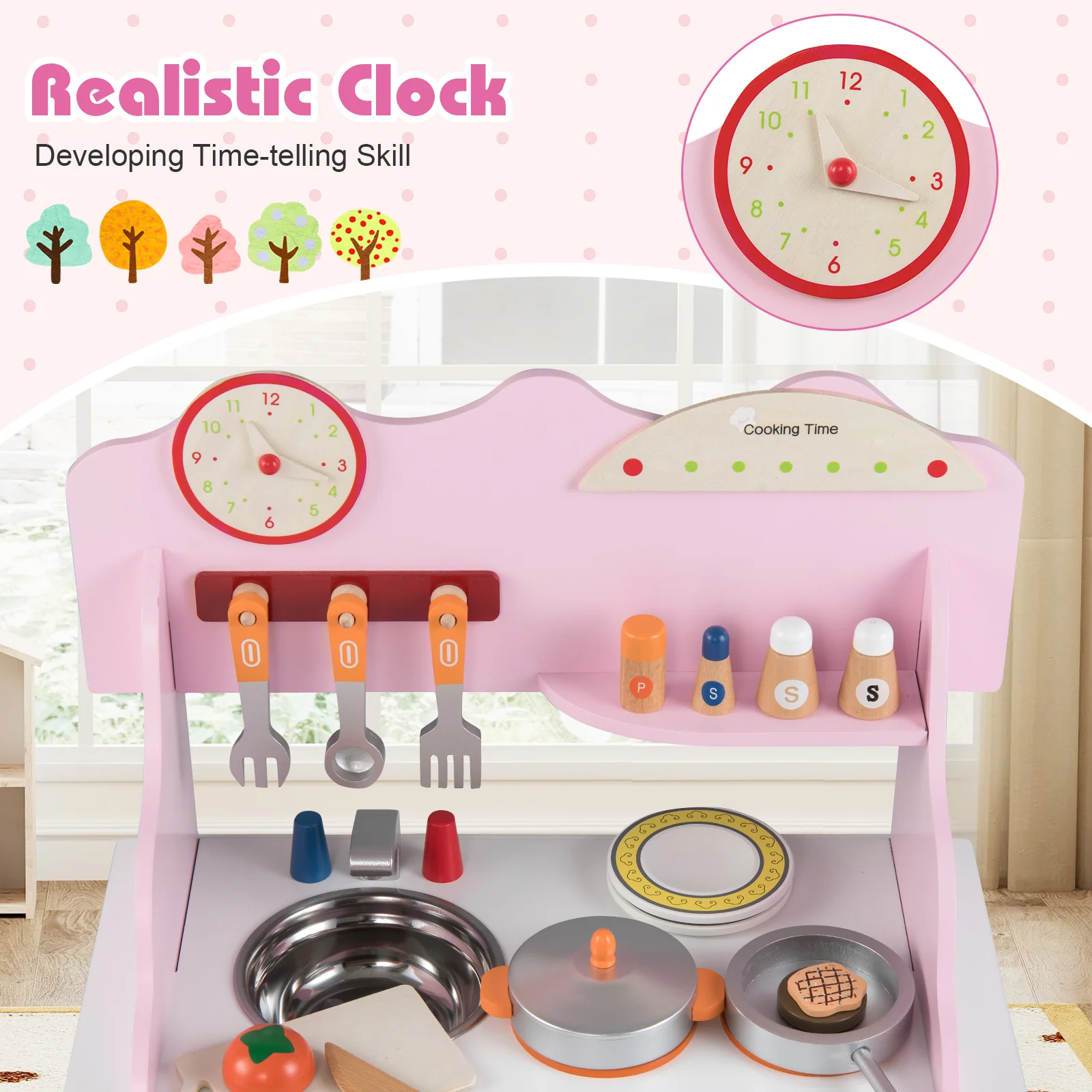 Wooden Play Kitchen for Kids Pretend Play Toy Kitchen Set with Clock Gift for Boys and Girls 3 +Pink, Pink - Image 10