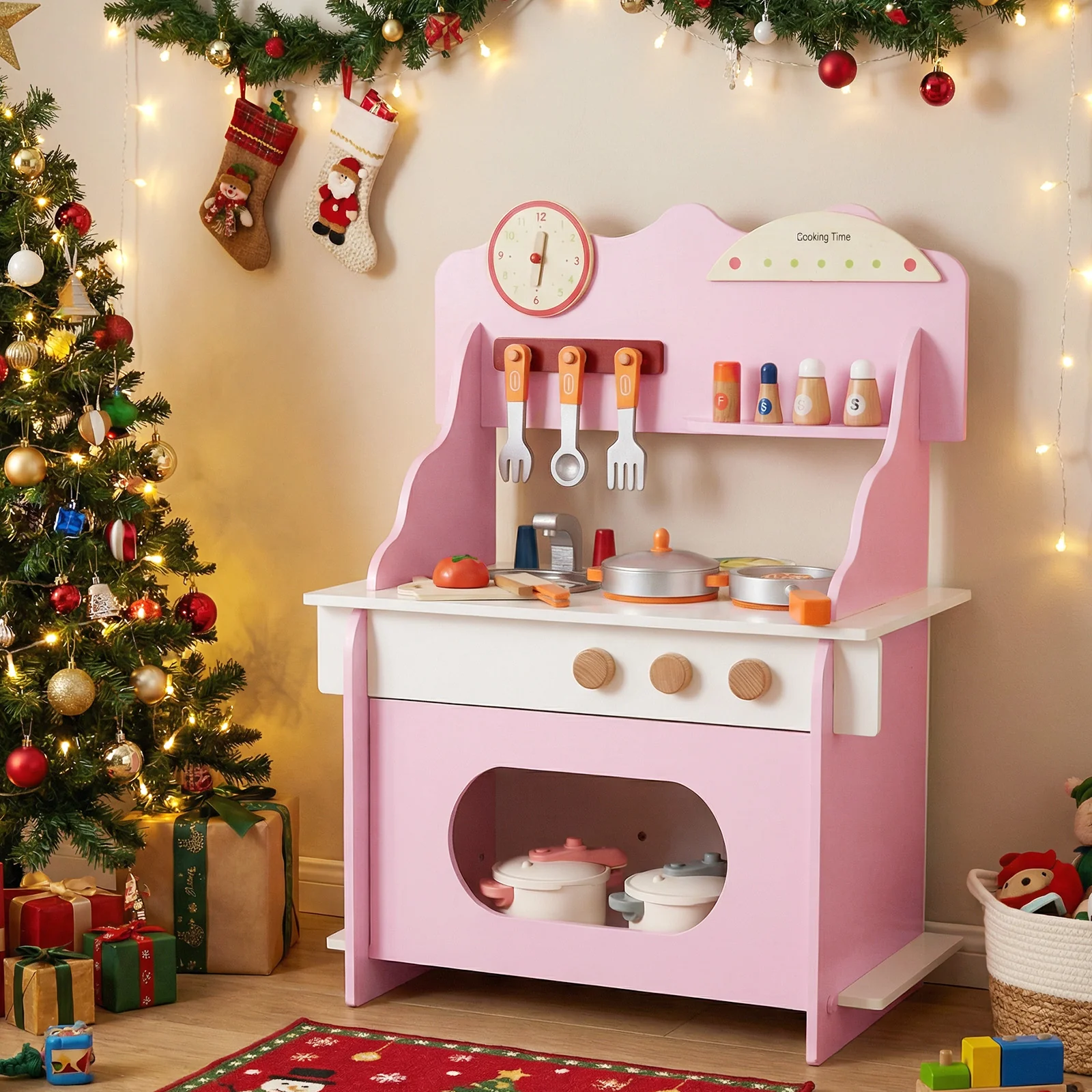 Wooden Play Kitchen for Kids Pretend Play Toy Kitchen Set with Clock Gift for Boys and Girls 3 +Pink, Pink - Image 2