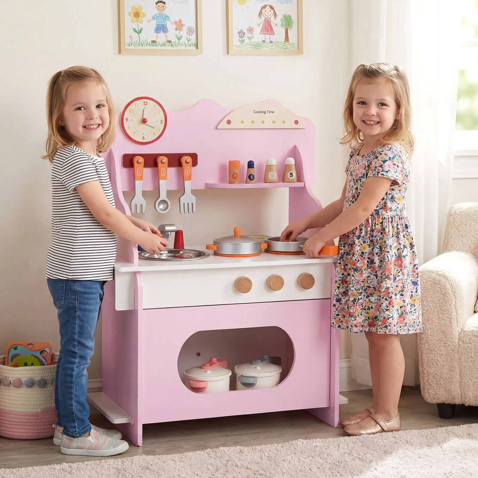 Wooden Play Kitchen for Kids Pretend Play Toy Kitchen Set with Clock Gift for Boys and Girls 3 +Pink, Pink - Image 3