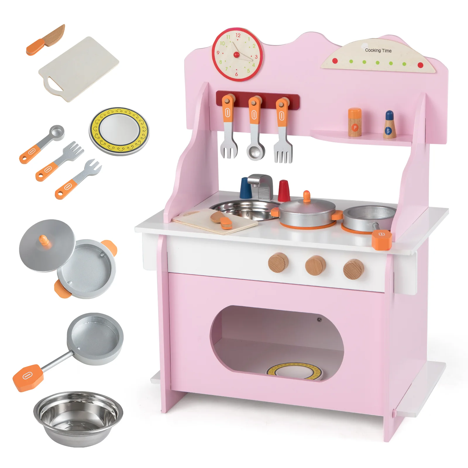Wooden Play Kitchen for Kids Pretend Play Toy Kitchen Set with Clock Gift for Boys and Girls 3 +Pink, Pink - Image 4