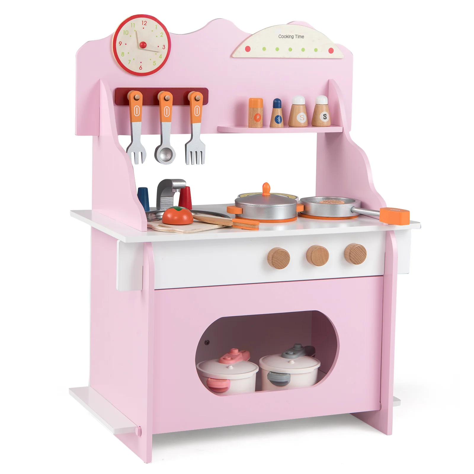 Wooden Play Kitchen for Kids Pretend Play Toy Kitchen Set with Clock Gift for Boys and Girls 3 +Pink, Pink - Image 5