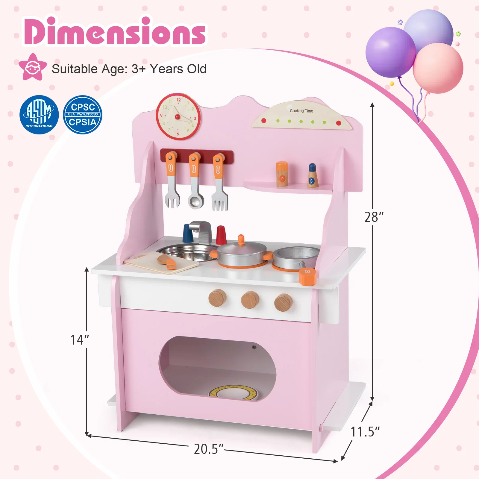 Wooden Play Kitchen for Kids Pretend Play Toy Kitchen Set with Clock Gift for Boys and Girls 3 +Pink, Pink - Image 6