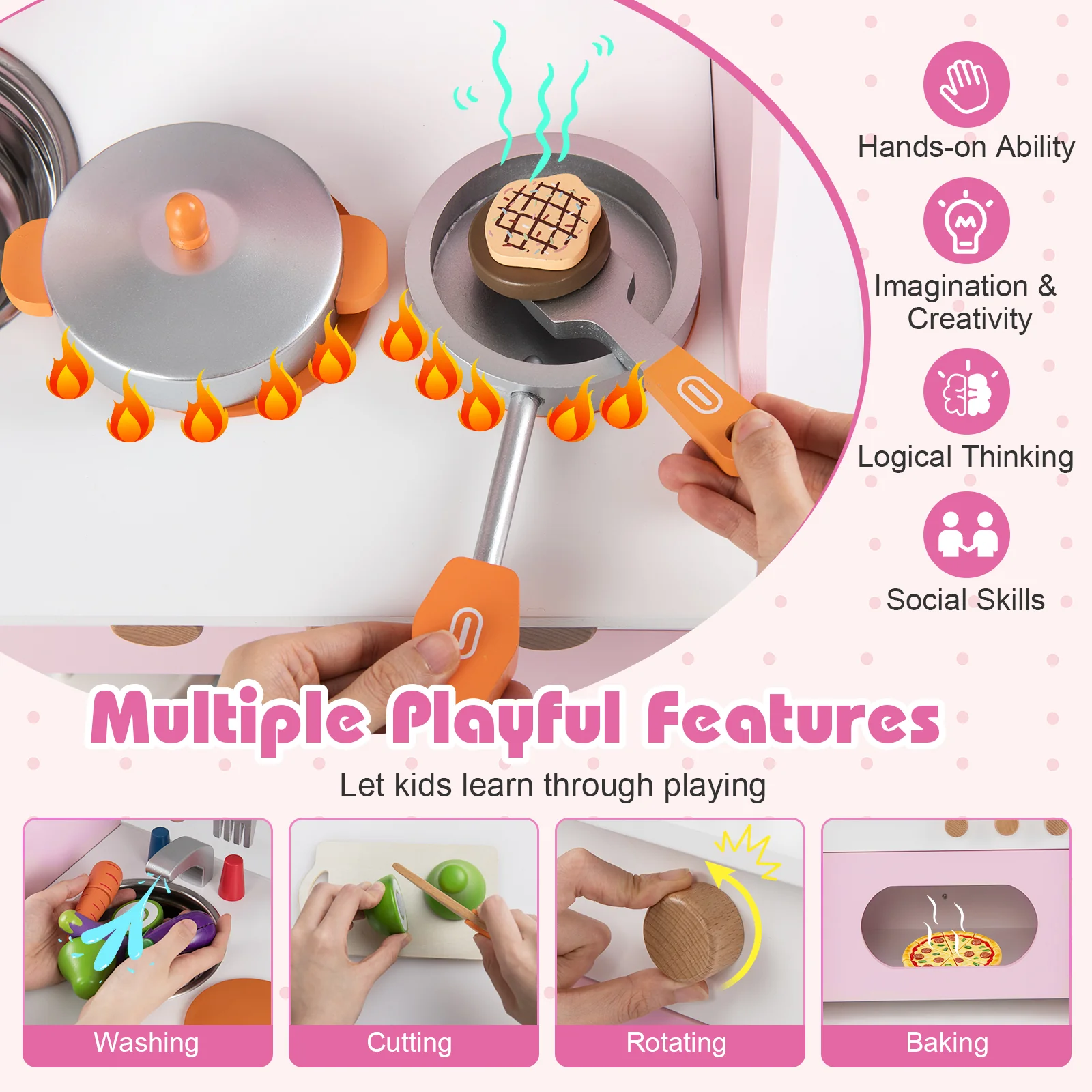 Wooden Play Kitchen for Kids Pretend Play Toy Kitchen Set with Clock Gift for Boys and Girls 3 +Pink, Pink - Image 7