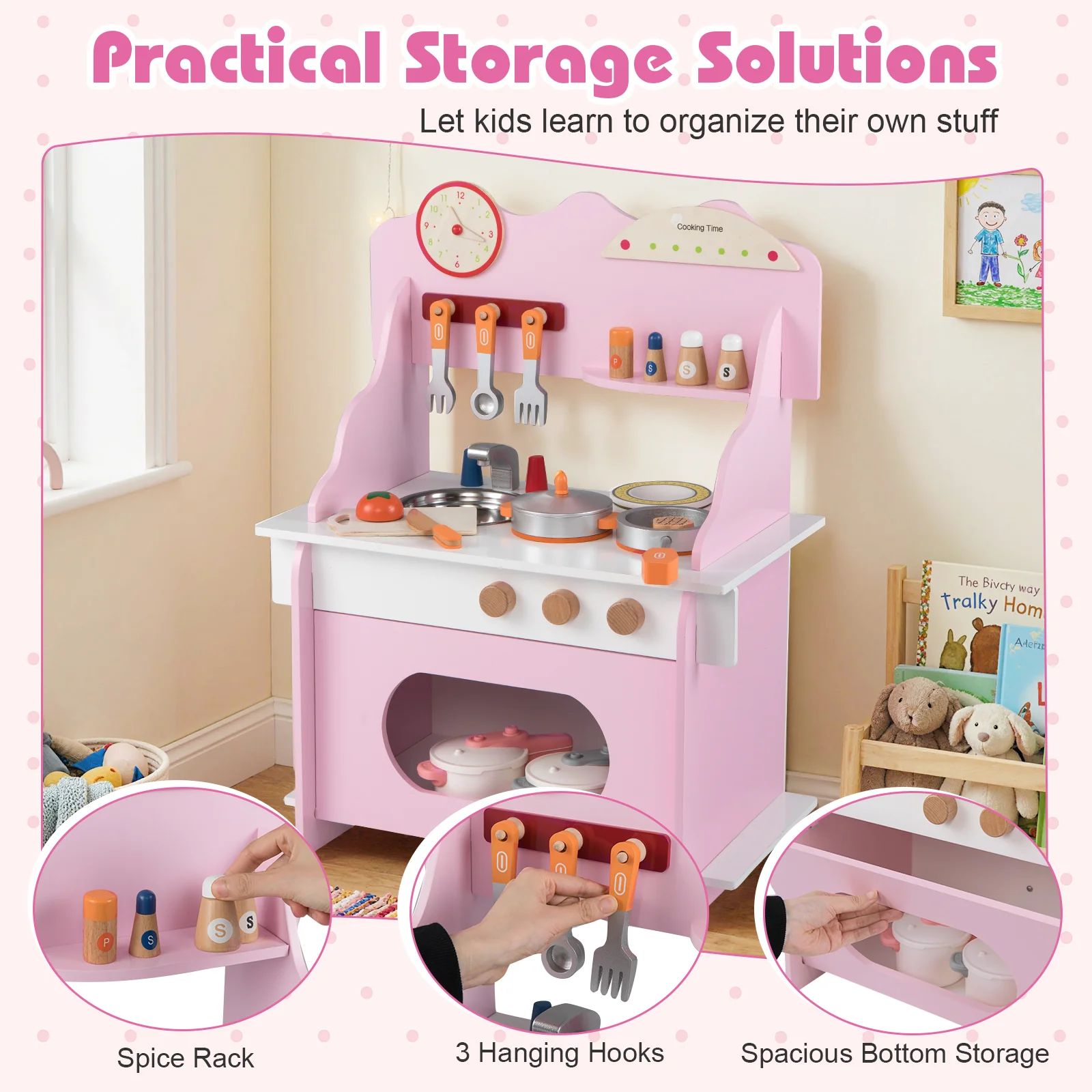 Wooden Play Kitchen for Kids Pretend Play Toy Kitchen Set with Clock Gift for Boys and Girls 3 +Pink, Pink - Image 8