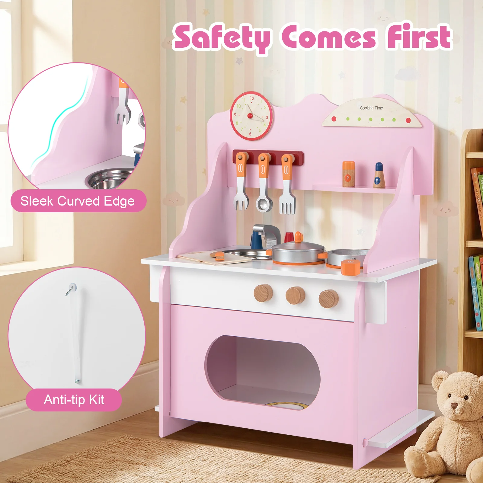 Wooden Play Kitchen for Kids Pretend Play Toy Kitchen Set with Clock Gift for Boys and Girls 3 +Pink, Pink - Image 9