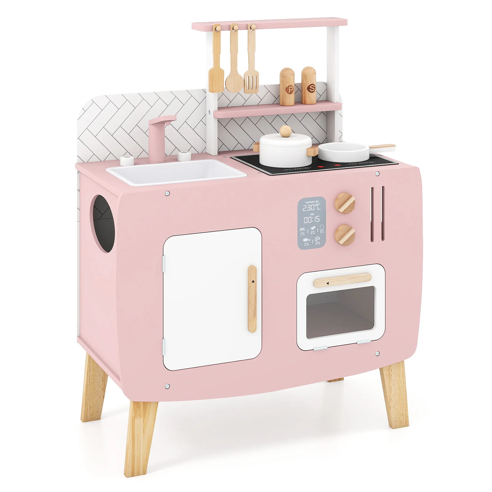 Wooden Play Kitchen For Kids With Stoves, Sink, Faucet & Oven