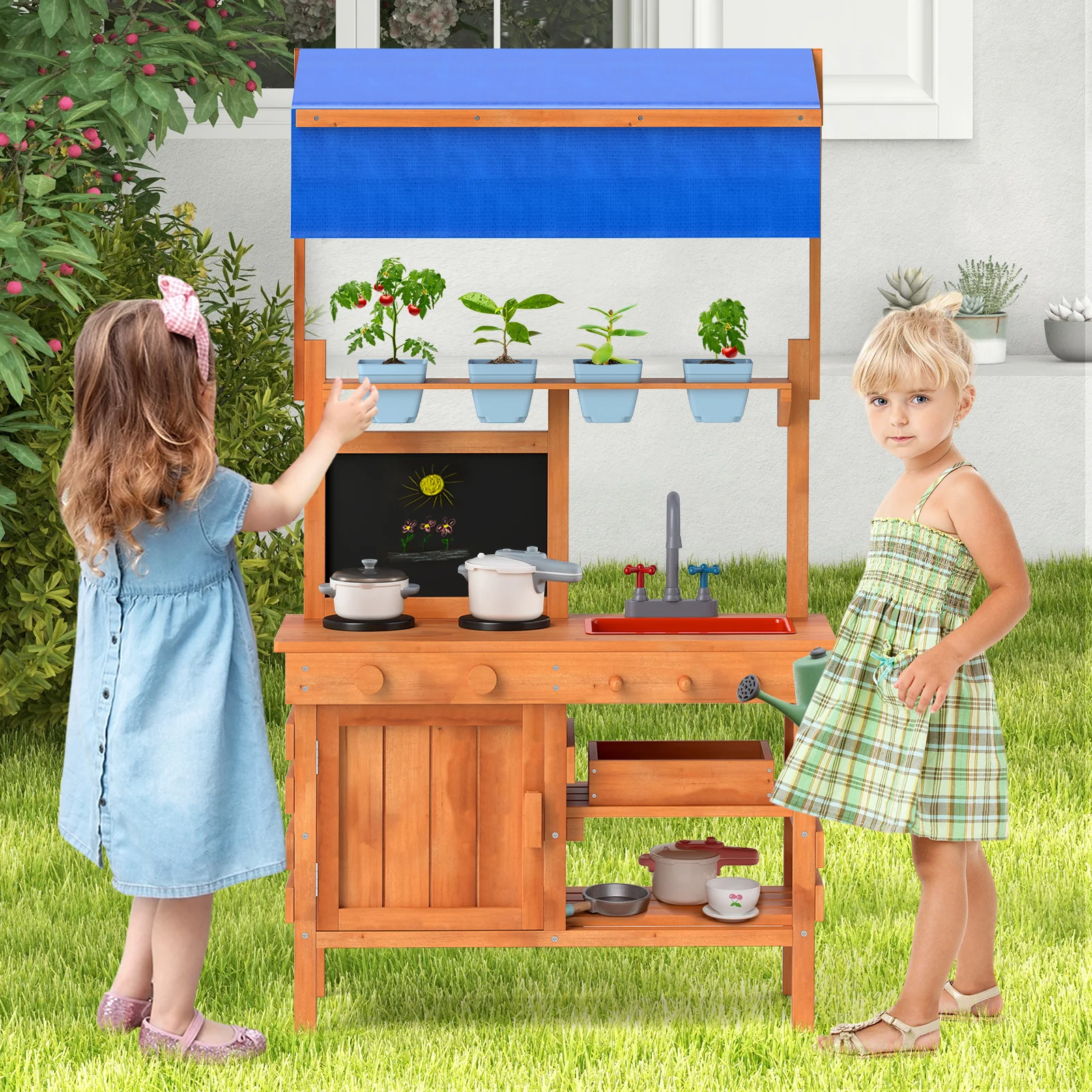 Wooden Play Kitchen With Adjustable Canopy, Natural - Image 2